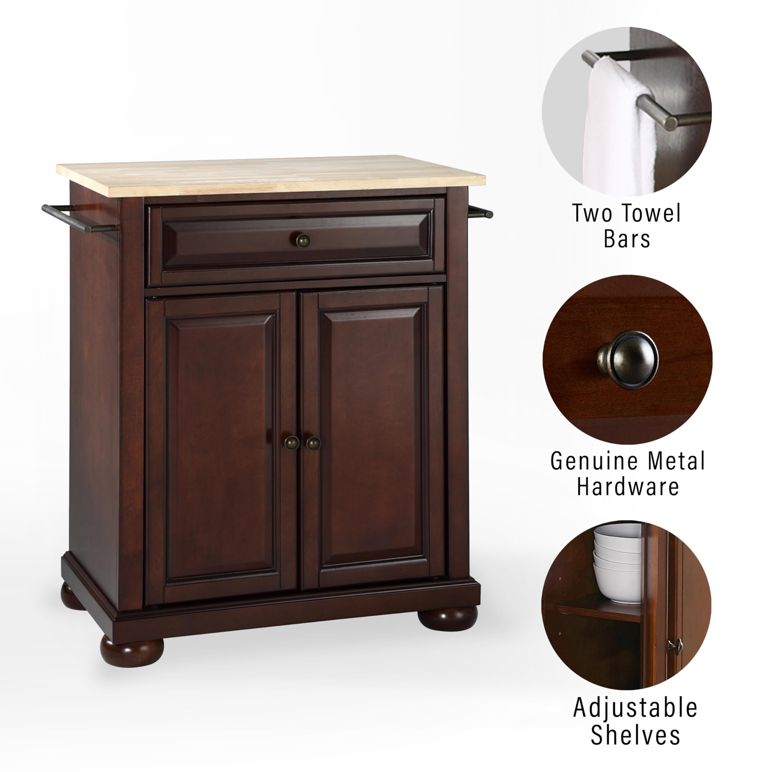 Crosley Furniture Alexandria Wood Top Small Portable Rolling Kitchen Island Storage Cart, Microwave Stand, Mahogany