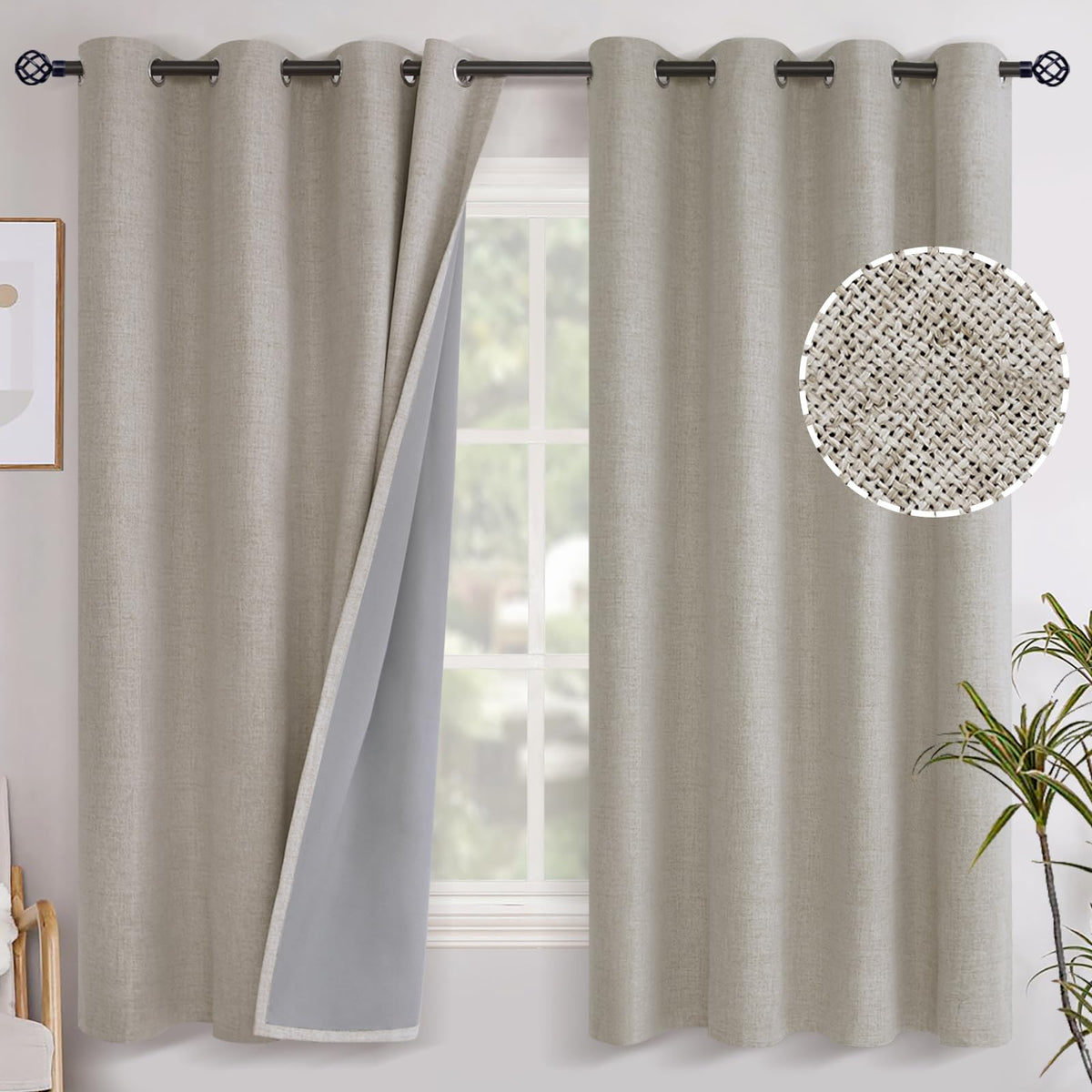 Youngstex Linen Insulated Blackout Curtains 63 Inch Length For Bedroom, Grommet Linen Textured Darkening Window Drapes For Livin
