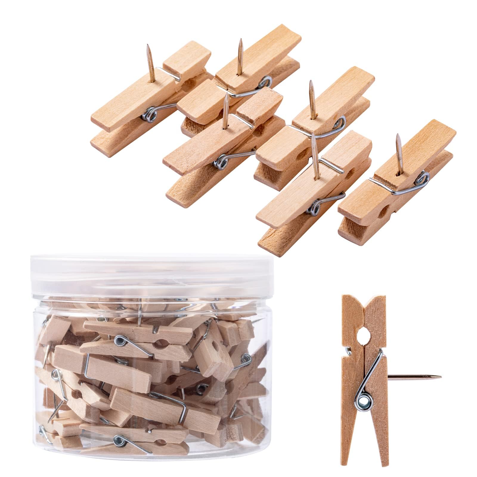 Zyfoffice 50 Pcs Wood Color Push Pin With Wooden Clips Durable Wooden Push Pins Decorative Pushpins Tacks Thumbtacks Decorative