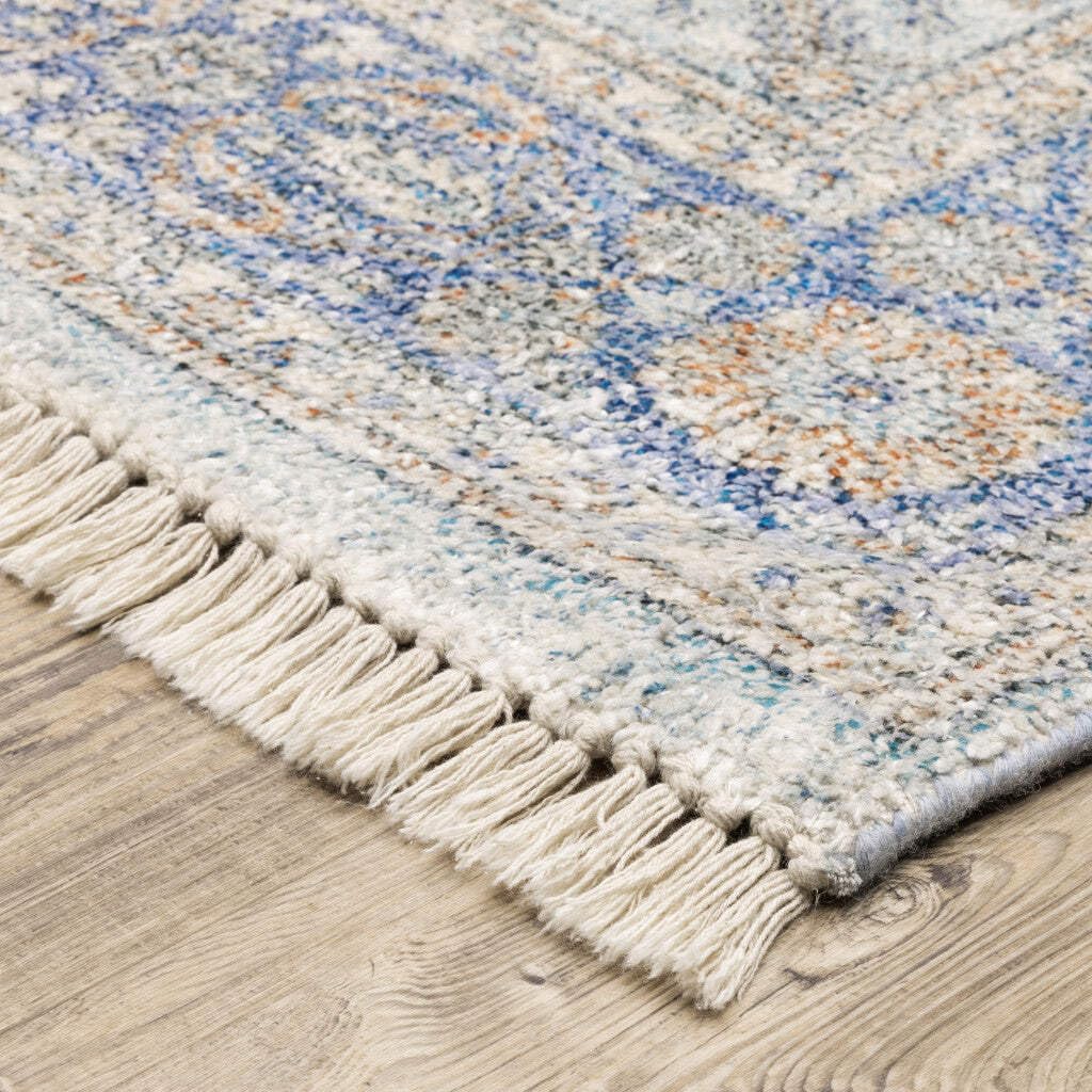 HomeRoots 509468 8 x 10 ft. Blue & Red Oriental Hand Loomed Stain Resistant Rectangle Area Rug with Fringe