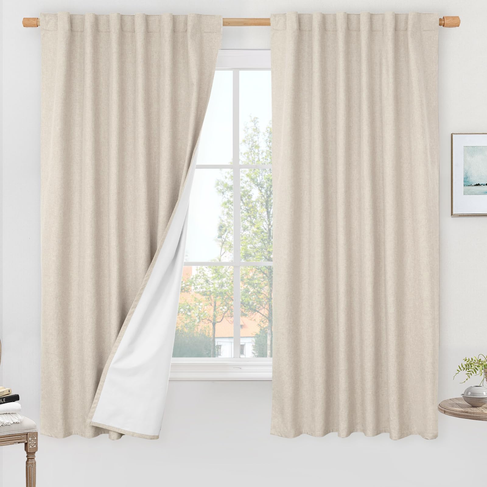LAMIT 100% Blackout Linen Curtains for Bedoom, 68 Inches Linen Textured Thermal Drapes Back Tab and Rod Pocket Neutral Panels wi