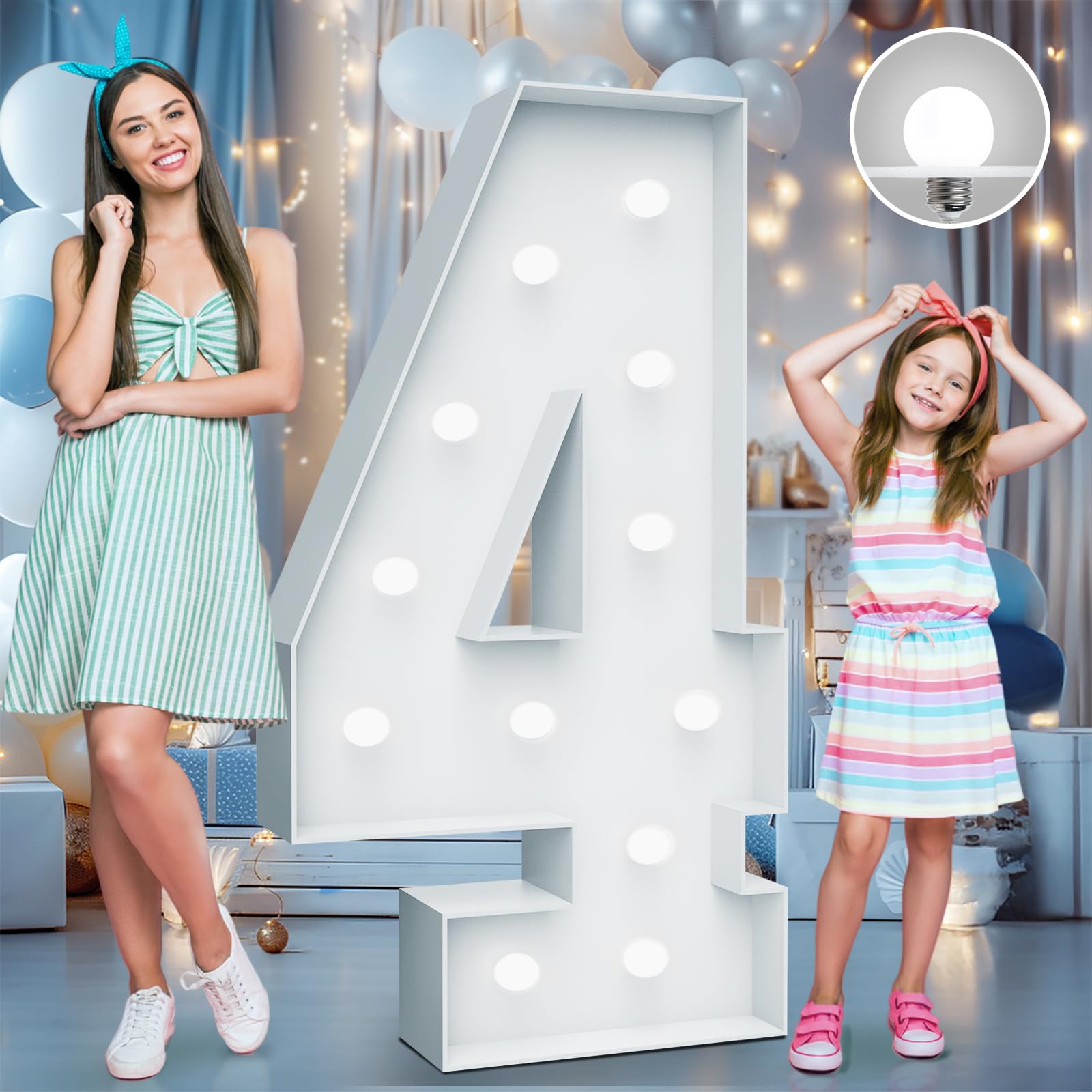 4FT Marquee Light Up Numbers - Cool White Light Up Numbers 4 with Fixed Water Bag, Party Decoration Large Marquee Light Up Numbe