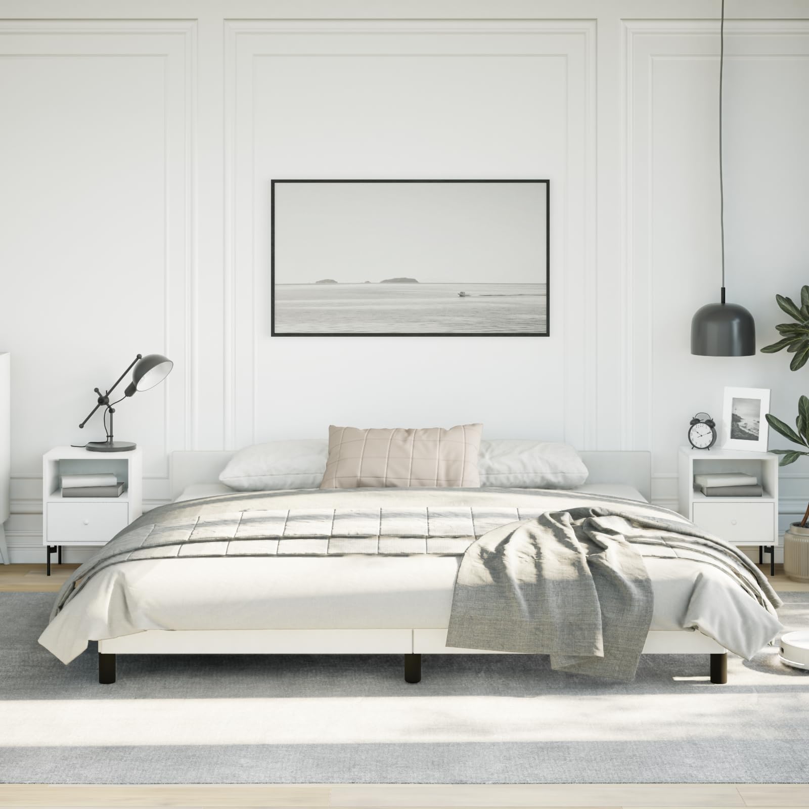 vidaXL Faux Leather Bed Frame Platform Bed, Scandinavian Style/Slats Support/No Box Spring Needed/Without Mattress/Easy Assembly, White King Bed