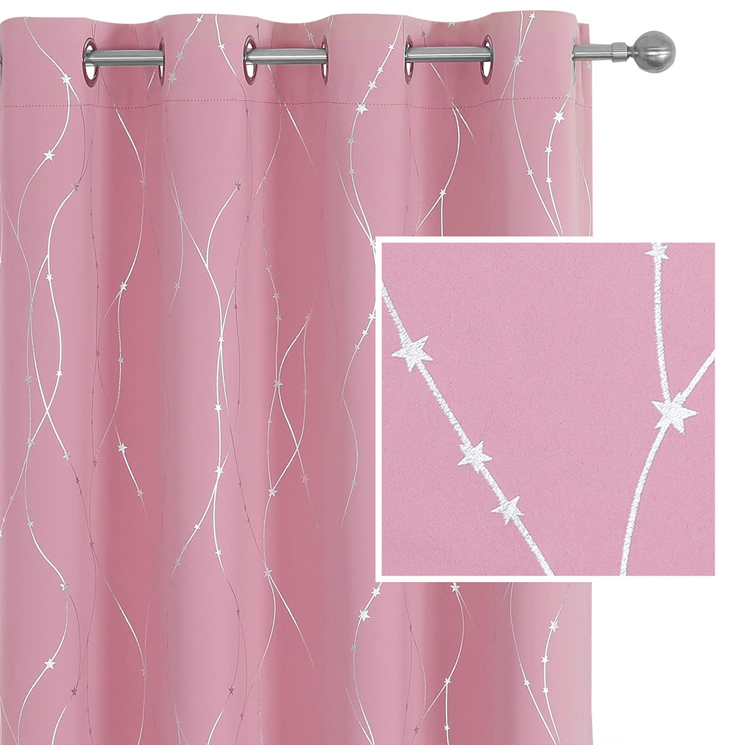Smile Weaver Pink Blackout Curtains For Living Room 108 Inch Length 2 Panels,Room Darkening Girls Bedroom Curtains,Silver Printe