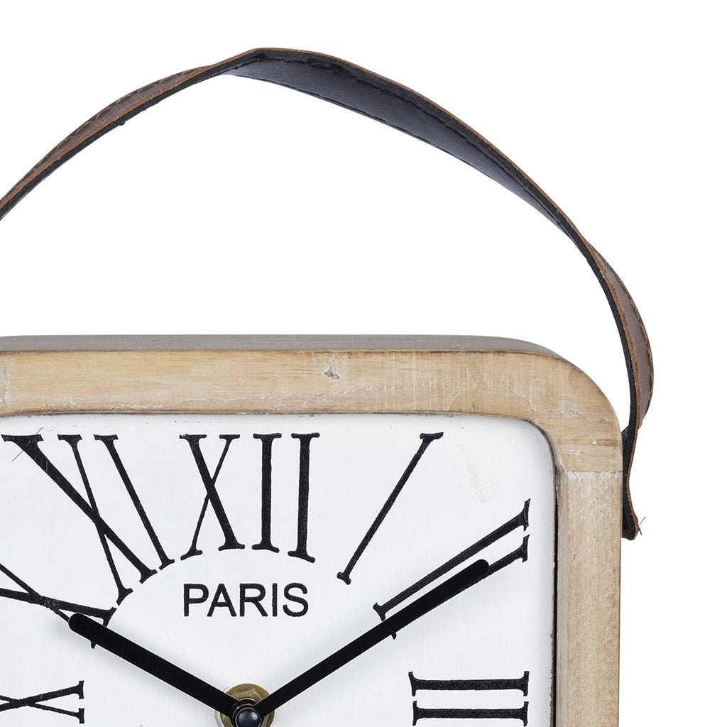 HomeRoots Natural Wood MDF WoodClock ComponentLeather Farmhouse Style Wooden Table Clock