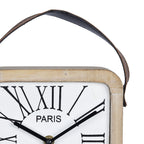 HomeRoots Natural Wood MDF WoodClock ComponentLeather Farmhouse Style Wooden Table Clock