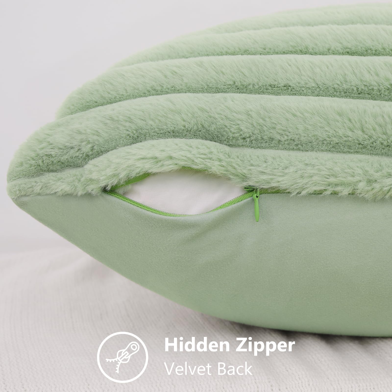 Decoruhome Faux Fur Spring Throw Pillow Covers 12X20 Set Of 2, Decorative Soft Plush Striped Lumbar Couch Pillow Covers With Velvet Back For Sofa, Bed, Living Room, Sage Green