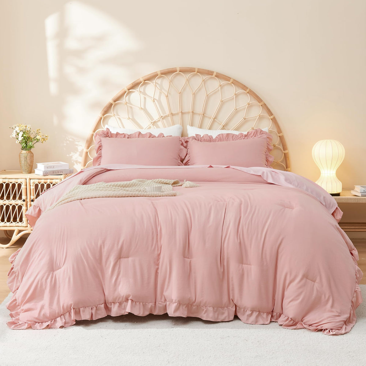 Litanika Queen Comforter Set Blush Pink Girls Women Ruffle Bed Set 3 Pieces, Cute Bedding Comforters & Sets, Lightweight Fluffy