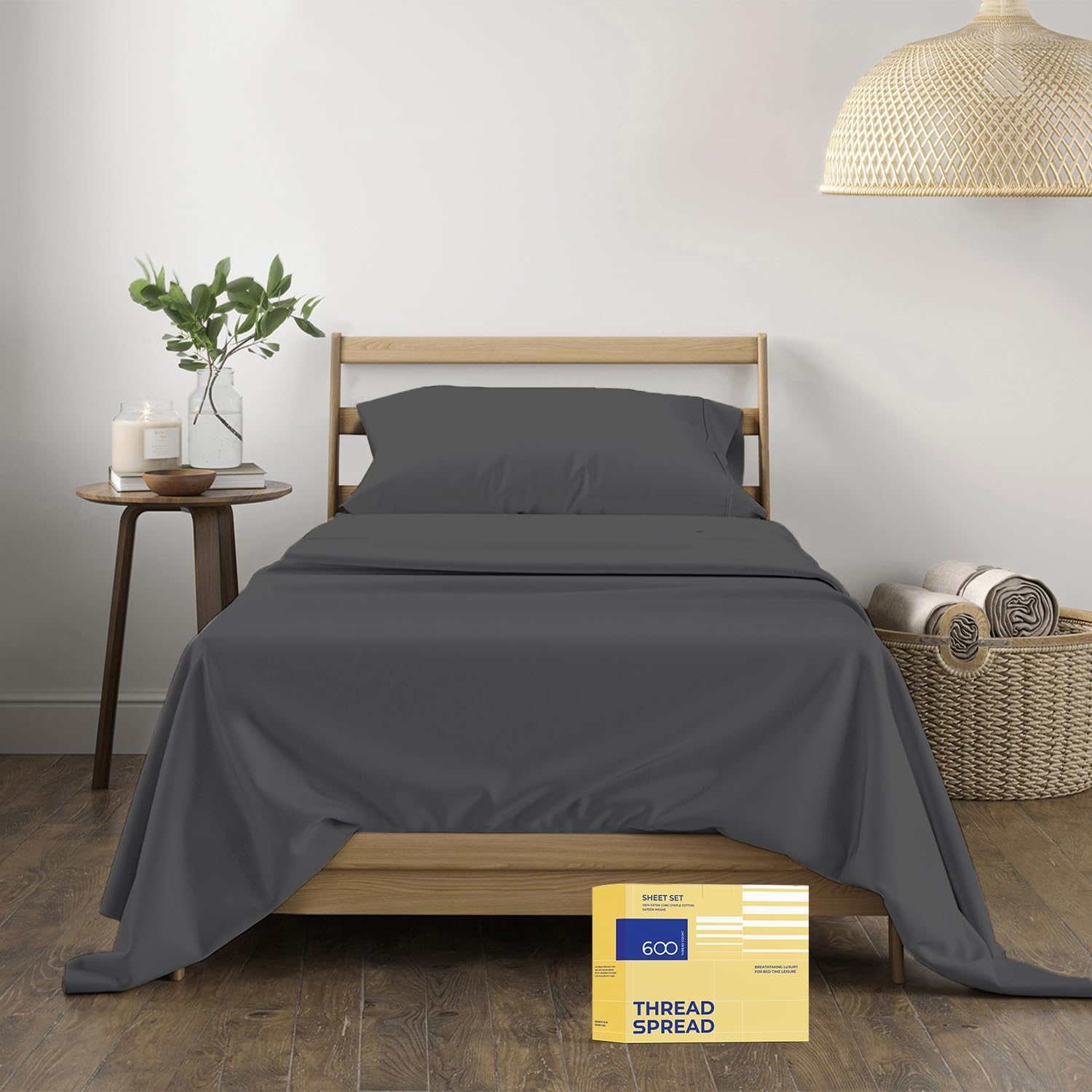Thread Spread 100% Egyptian Cotton Twin Sheets - 600 Thread Count, 3 Pc Deep Pocket, Soft, Cooling Sateen Weave Extra Long Twin