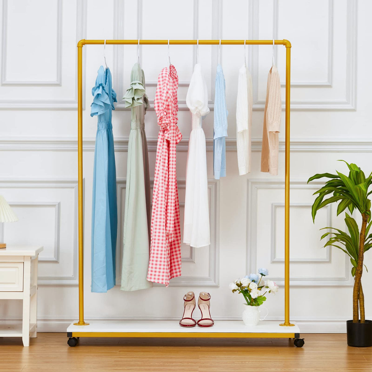 Clothing Garment Rack, Clothing Racks on Wheels, Portable Heavy Duty Rolling Garment Rack with Single Rods and Shelves, Freestan