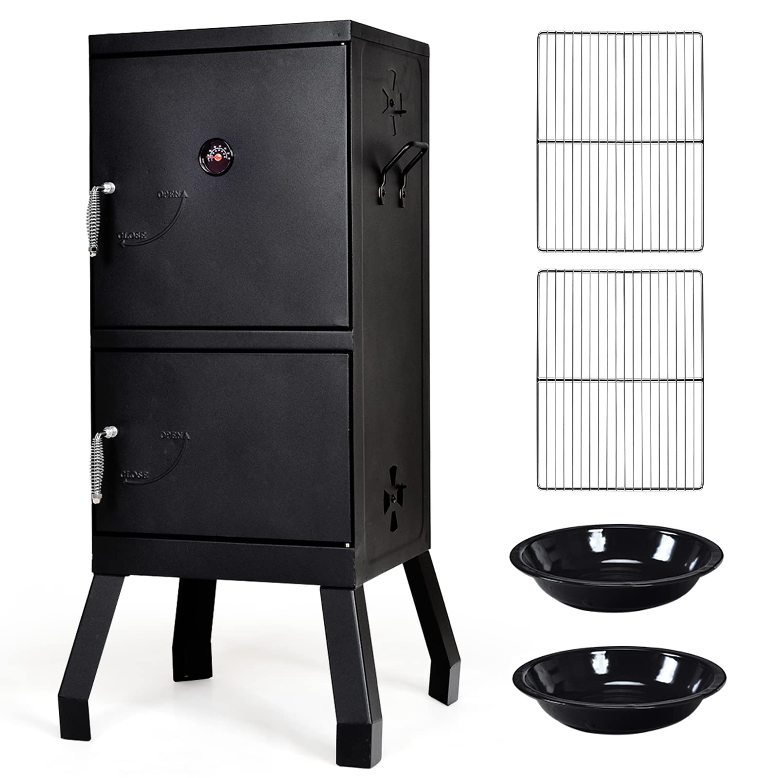 Giantex Outdoor Smoker With Double Doors, 2 Detachable Grill Netting Smoking Racks, Charcoal Pan & Water Pan, 4 Air Vents, Therm