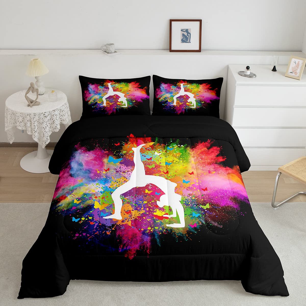 Gymnastics Dancing Comforter Set Full Size,Girls Rainbow Watercolor Tie Dye Bedding Set For Kids Woman Room Decor,Cheerleading Q
