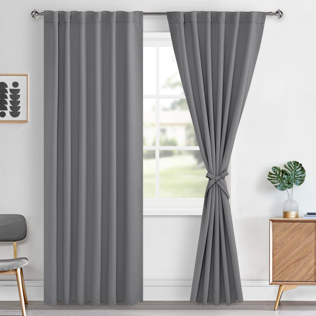 Hiasan Grey Blackout Curtains 2 Panels for Bedroom, Back Tab & Rod Pocket Curtains 96 inch Long Sewn with Tiebacks, Room Darkeni