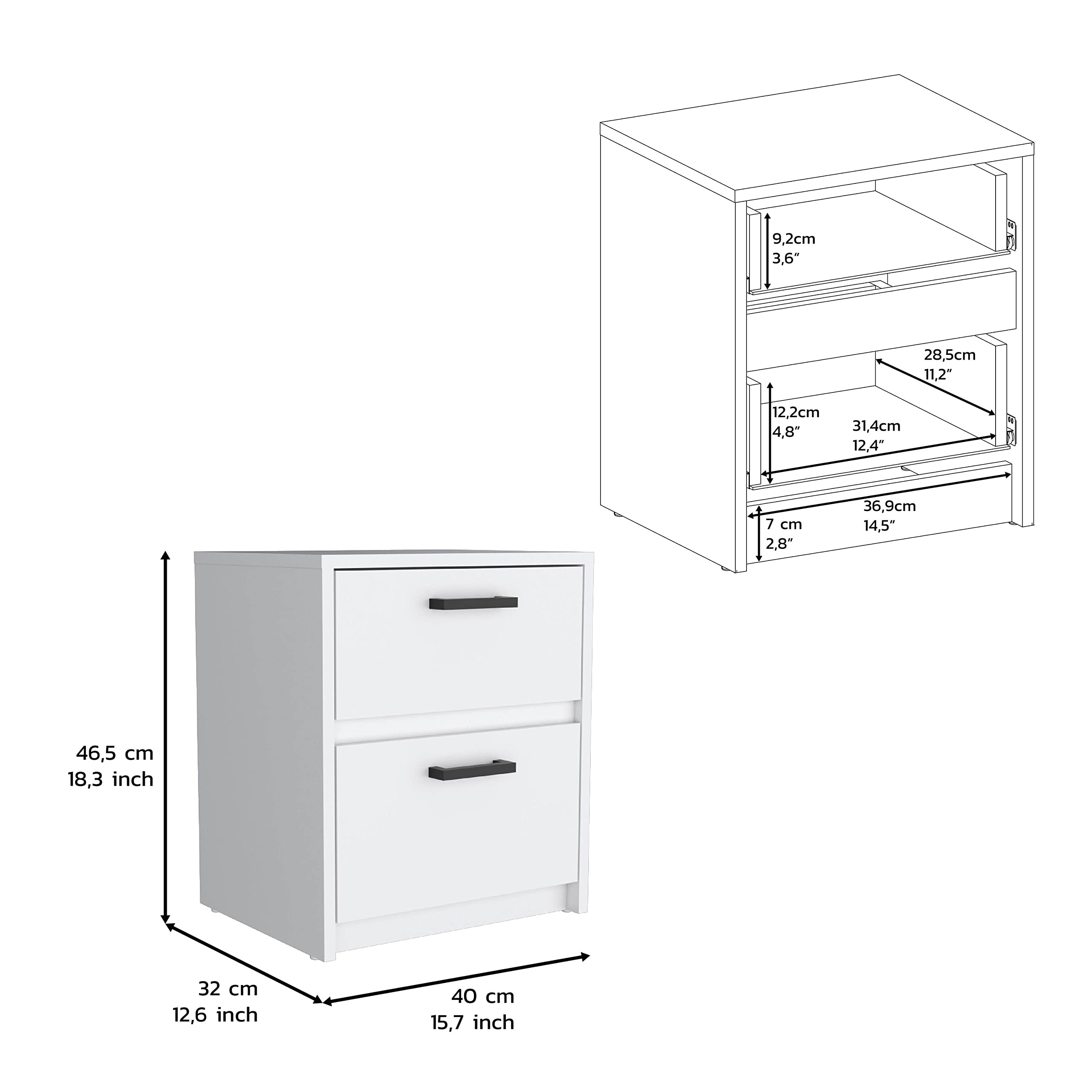 Nightstand 18&quot; H, 2 Drawers with Metal Handles, White