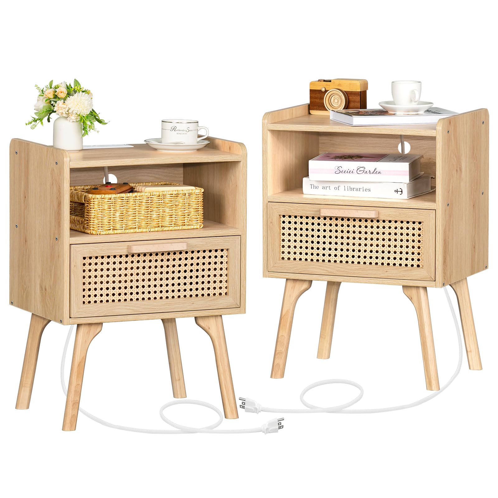 Lerliuo Rattan Nightstands Set Of 2 With Charging Station, Boho Side Table With Drawer Open Shelf, Cane Accent Bedside End Table With Solid Wood Legs For Bedroom, Dorm And Small Spaces (Natural)