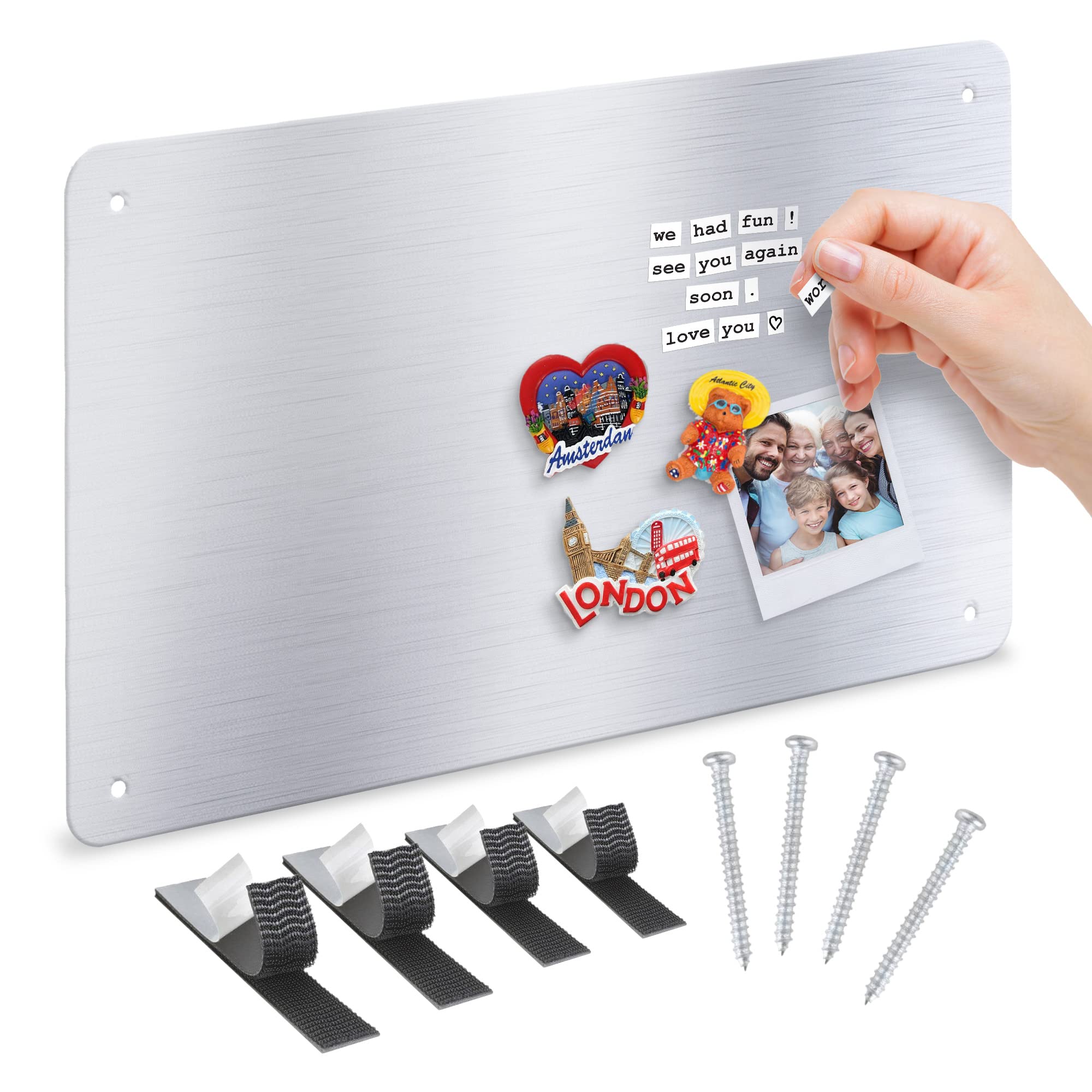 Stainless Steel Metal Magnet Board - 17.5 X 11.5 Flat Silver Magnetic Board For Magnets And Bulletin Board - Includes Dual Lock