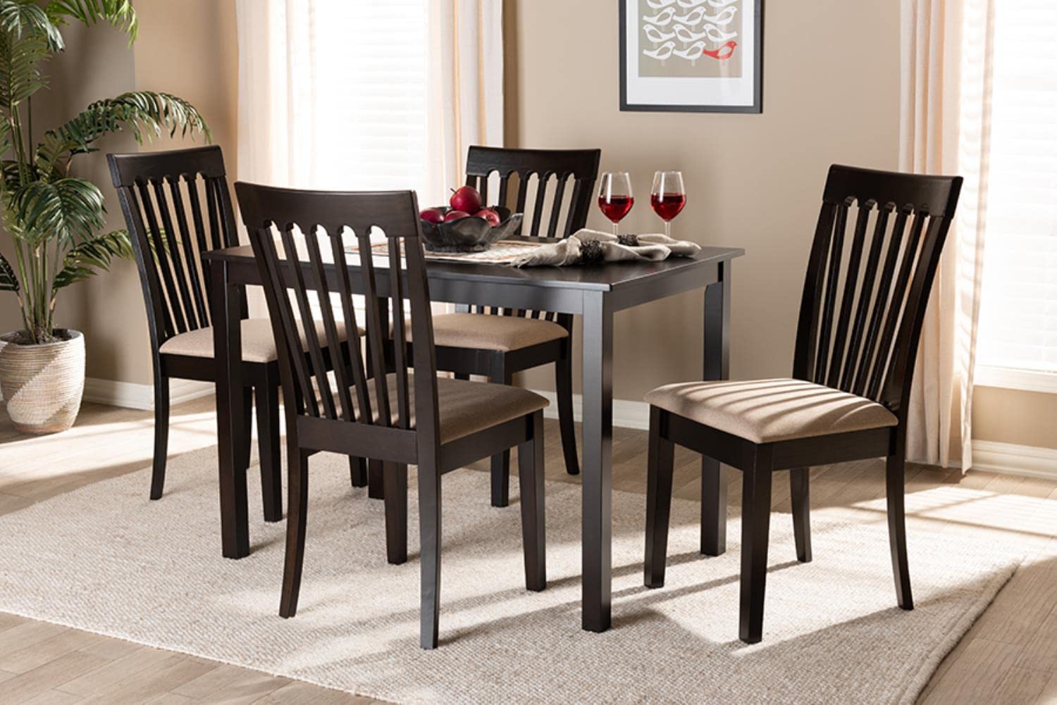 Baxton Studio Minette Modern And Contemporary Sand Fabric Upholstered Espresso Brown Finished Wood 5-Piece Dining Set