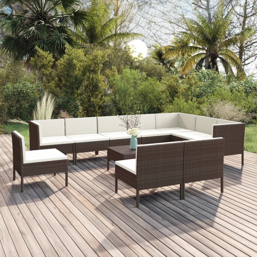 vidaXL Garden Lounge Set 11 Piece, Sectional Sofa for Outdoor, Couch with Cushions, Patio Lounge Set, Farmhouse Modern, Poly Rattan Brown