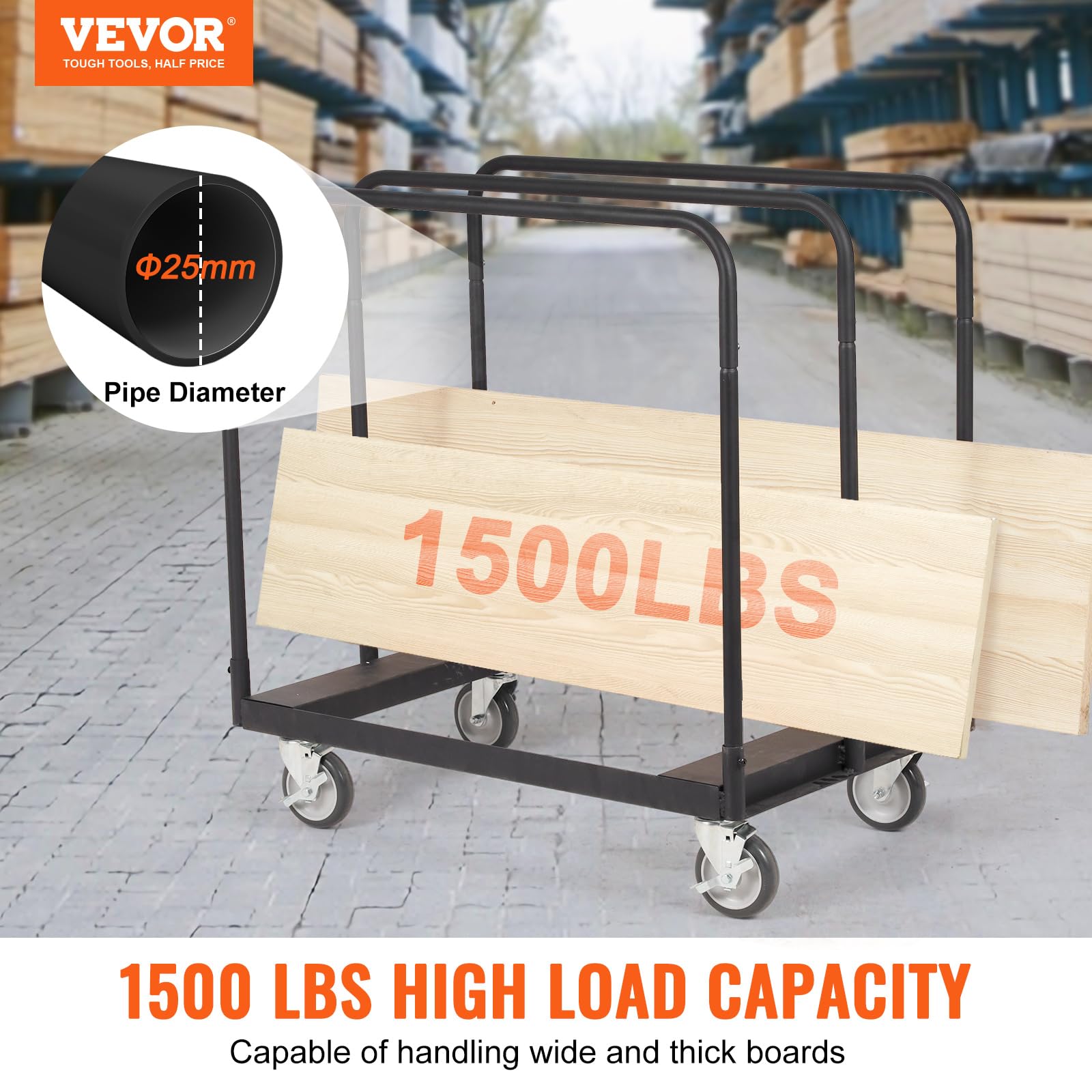 Vevor Steel Panel Truck, 1500 Lbs Panel Dolly Cart With 5'' Swivel Casters And 36.02'' X 24.02'' Deck, Heavy-Duty Drywall Sheet