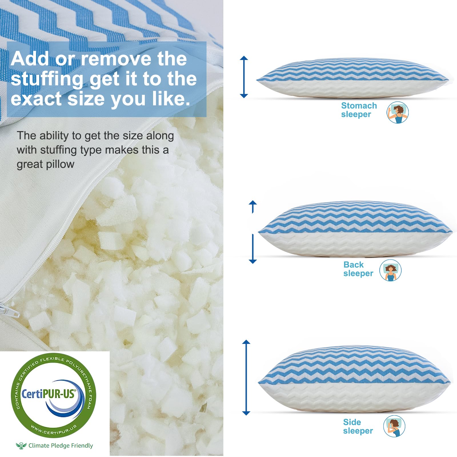 King Size Pillows - Adjustable Firm King Pillows For Back Stomach And Side Sleeper- Shredded Memory Foam Cooling Pillow For Neck