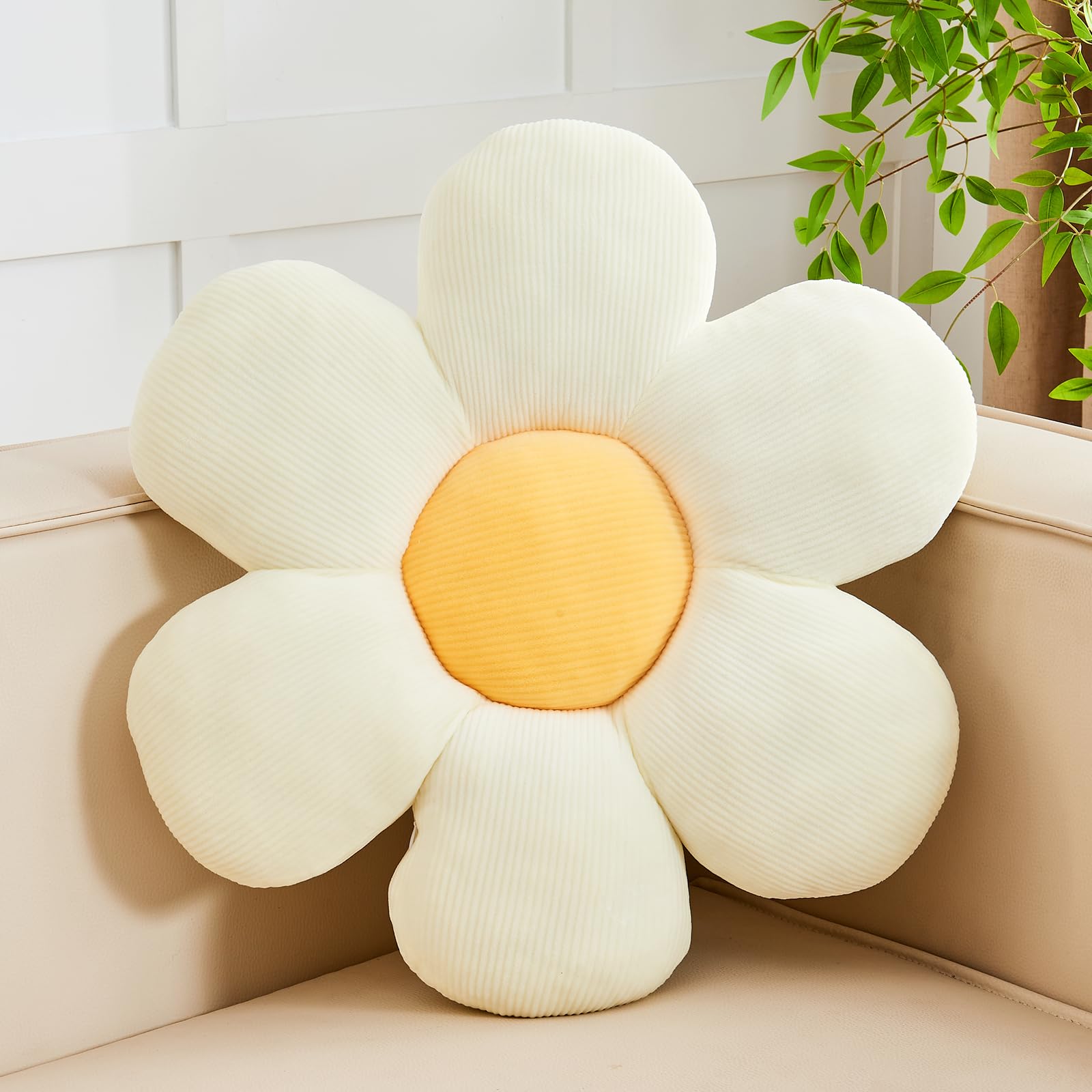 Kcvvcr White Yellow Flower Pillow, Soft 14.9 ' Flower Throw Pillow, Cute Flower Shaped Floor Pillow, Aesthetic Floral Plush Dai