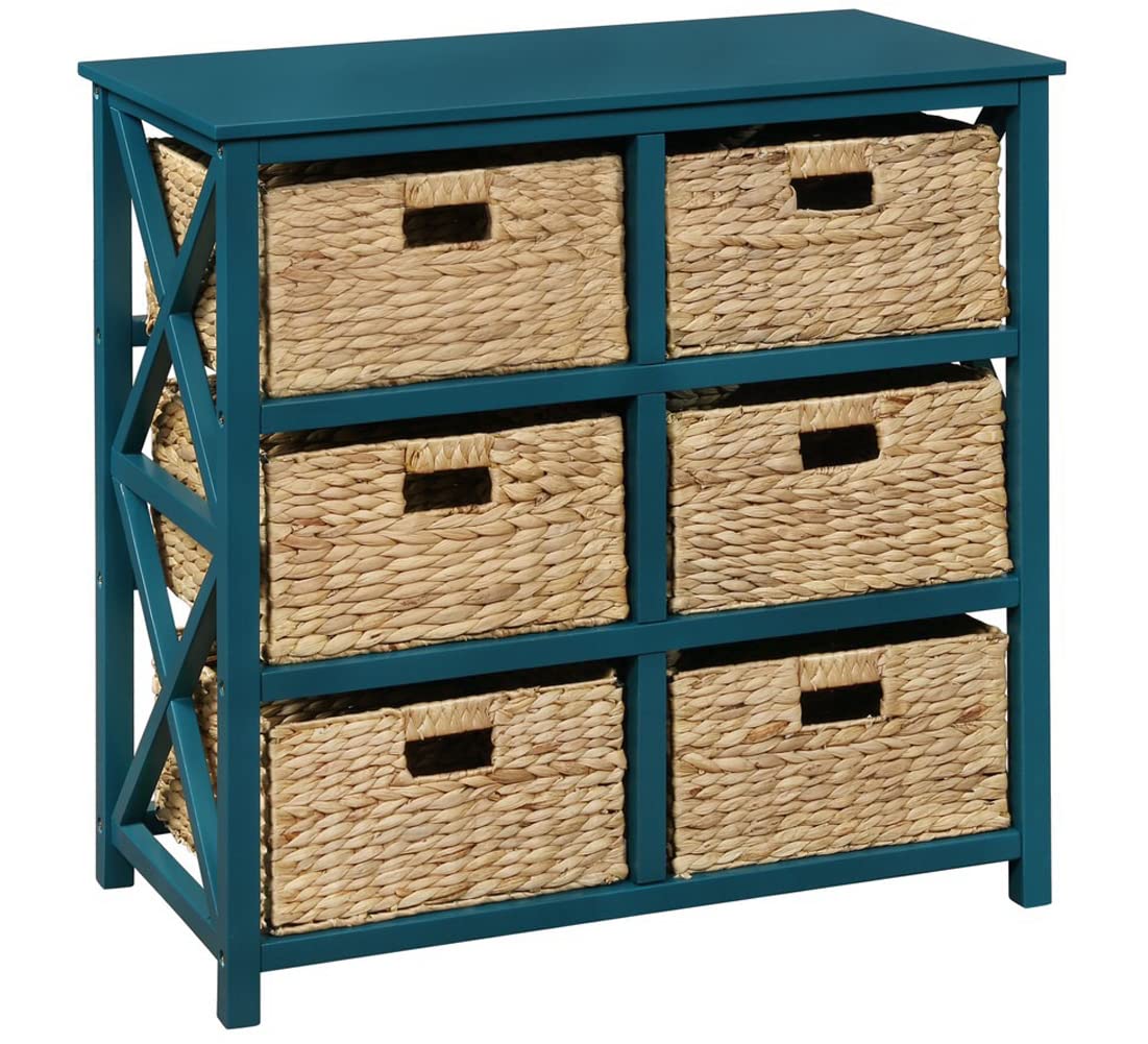 Ehemco 3 Tier X-Side End Storage Cabinet With 6 Wicker Baskets, Teal