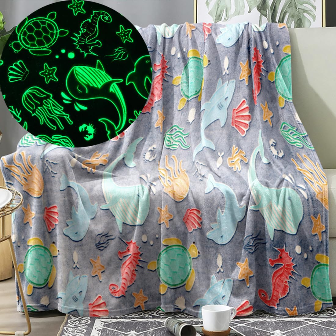 Sviuse Glow In The Dark Sea Animals Blanket Turtle Throw Kids Blanket Soft Plush Fleece Sea Luminous Animals Blanket Gifts For S