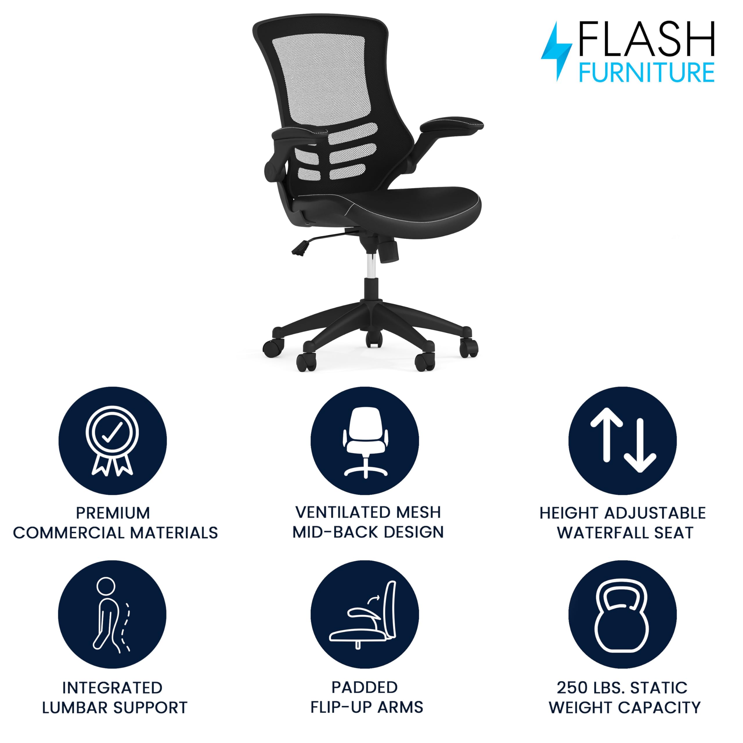 Flash Furniture Kelista Mid-Back Swivel Office Chair with Adjustable Seat Height, Ergonomic Mesh Desk Chair with LeatherSoft Seat, Black