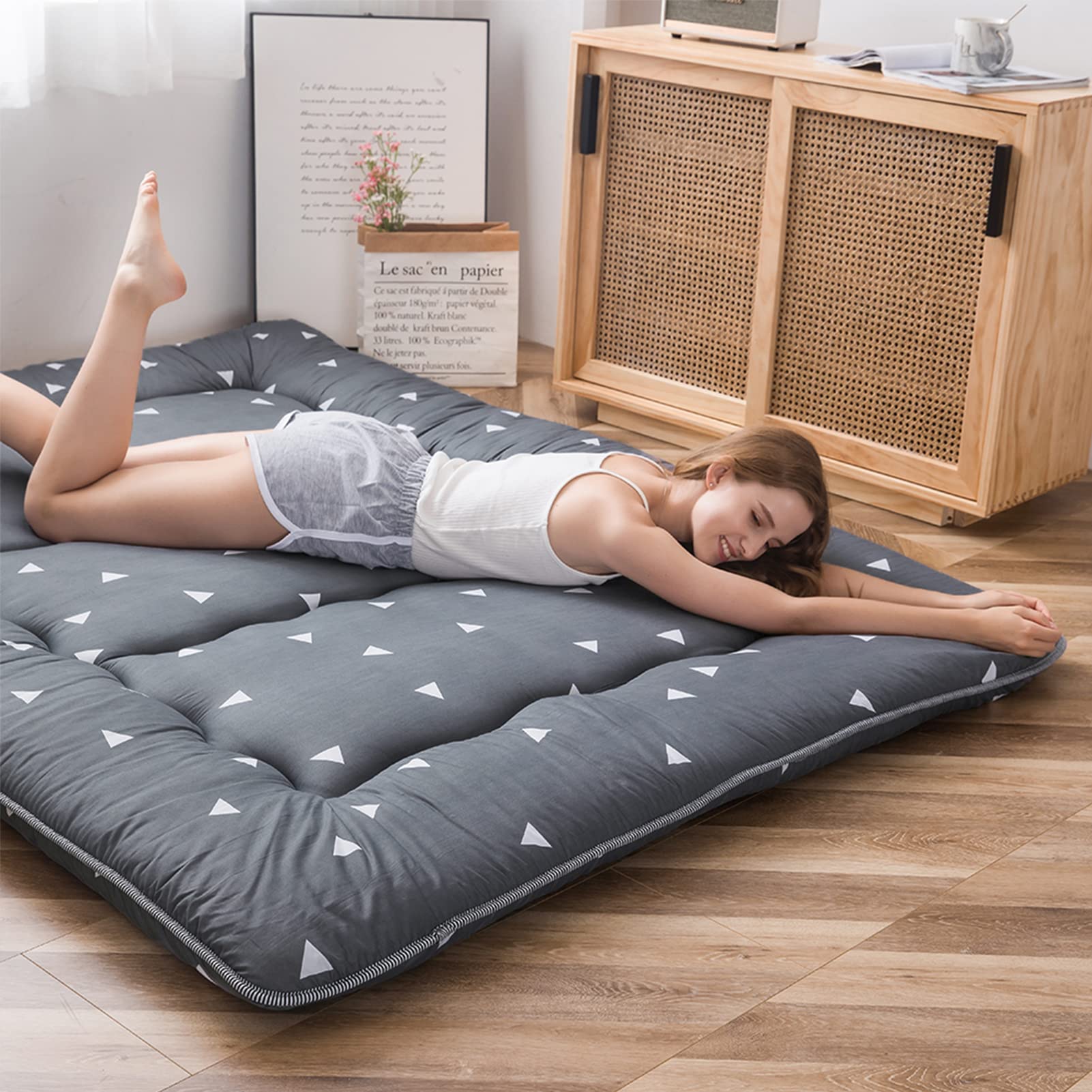 Grey Triangle Japanese Floor Futon Mattress, Tatami Floor Mat Portable Camping Mattress Kids Sleeping Pad Foldable Roll Up Floor Lounger Pillow Bed Queen Size With Mattress Protector Cover