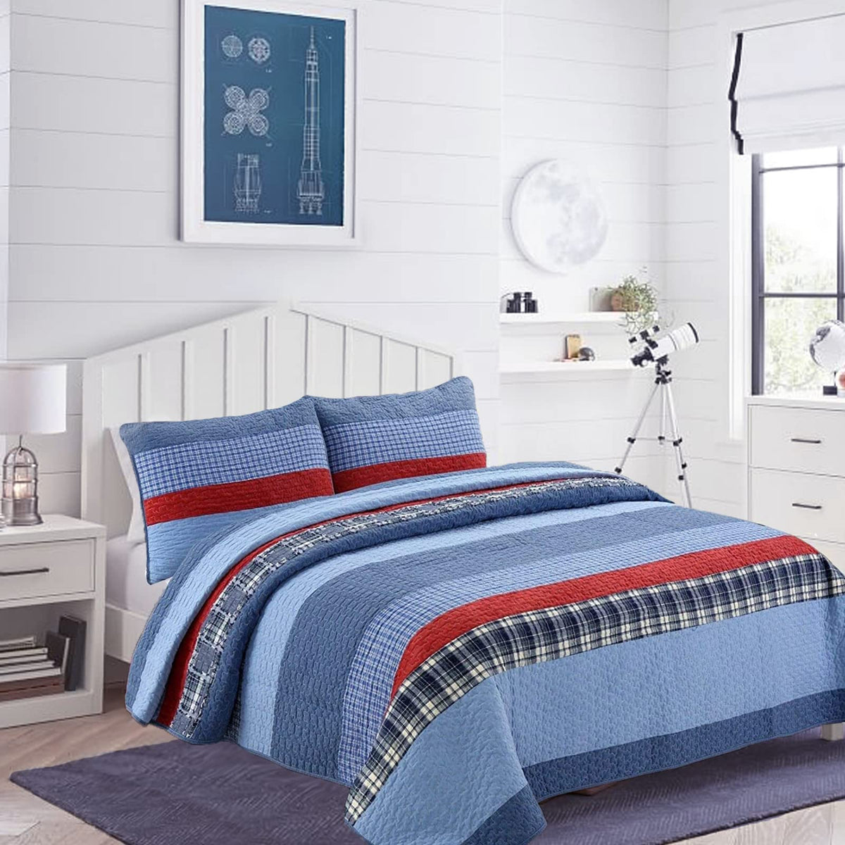 Cozy Line Home Fashions Sailor Navy Striped 100% Cotton Reversible Bedding Quilt Set, Coverlet Bedspread For Boys Kids (Navy/Red