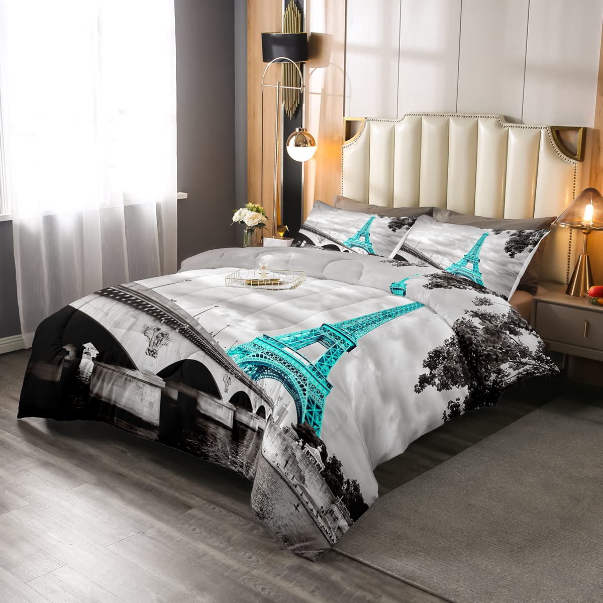 Eiffel Tower Comforter Chic Paris Cityscape Comforter Set Teens Gray French Teal Eiffel Tower Bedding Set For Kids Adults Retro