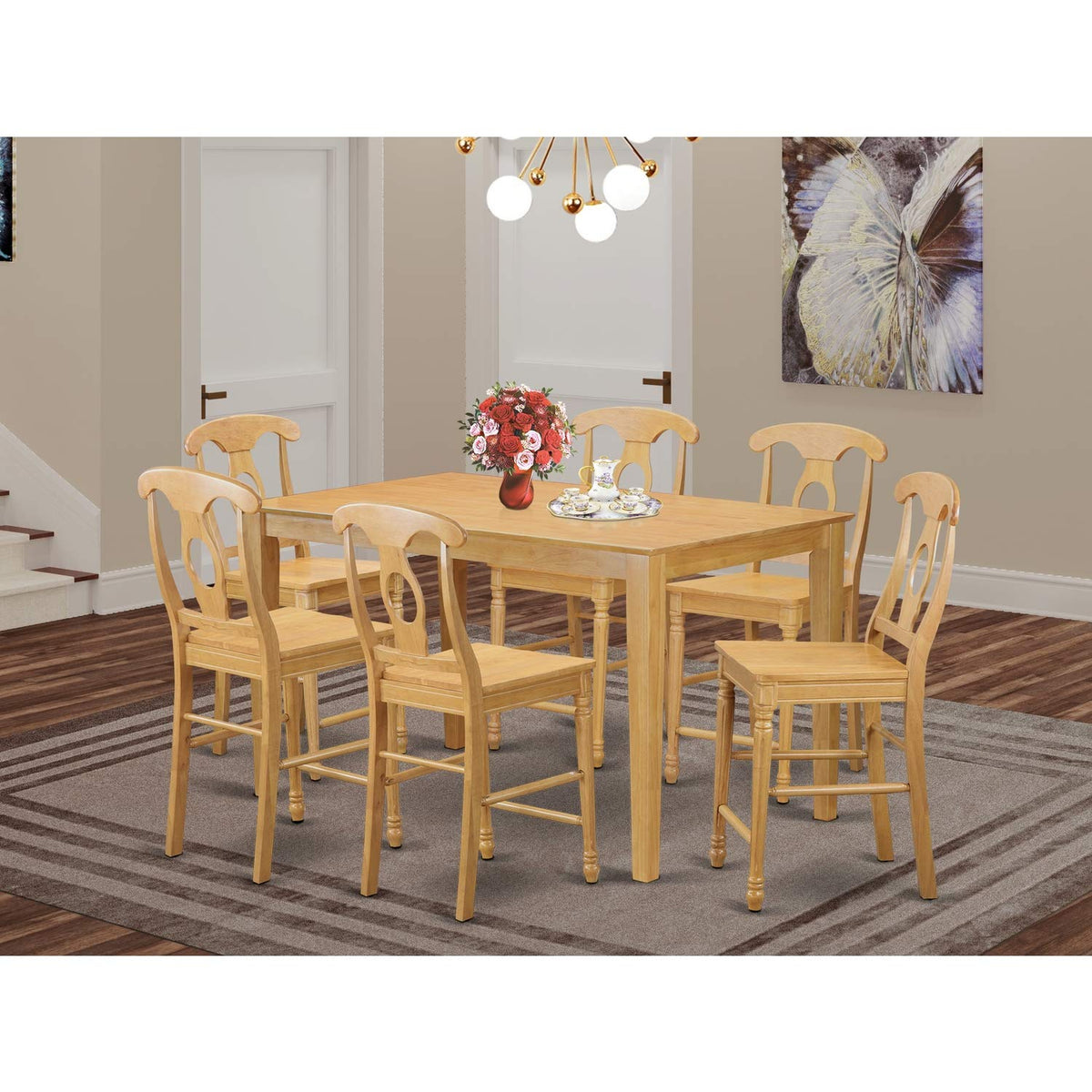 East West Furniture Capri 7 Piece Counter Height Set Consist of a Rectangle Kitchen Table and 6 Dining Chairs, 36x60 Inch, Oak