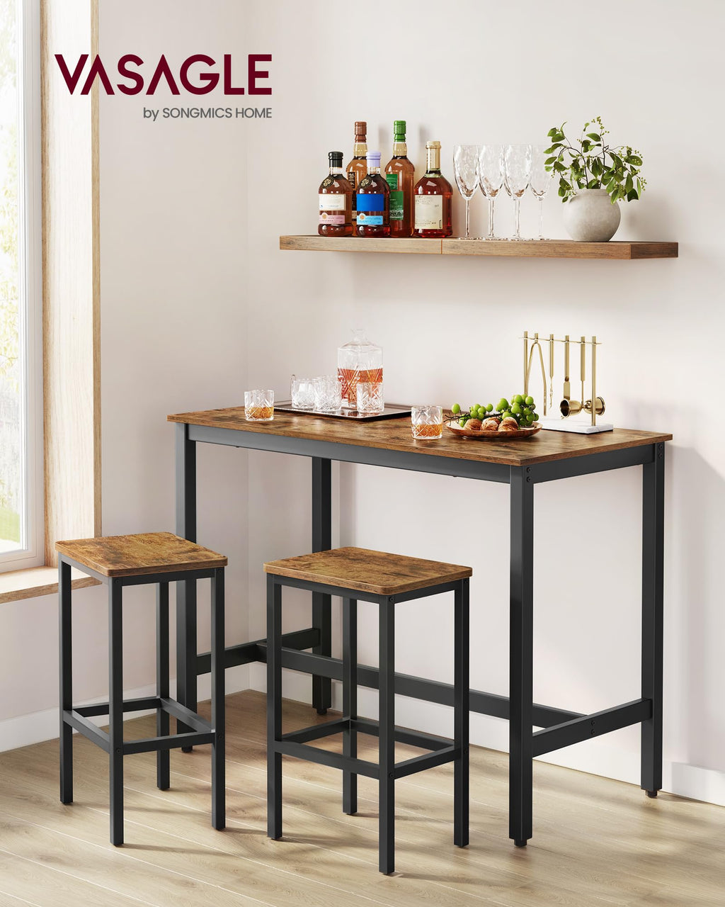 Vasagle Bar Table Set, With 2 Bar Stools, Dining Table Set, Kitchen Counter With Bar Chairs, Industrial, Living Room, Party Room, Rustic Brown And Black Ulbt15X