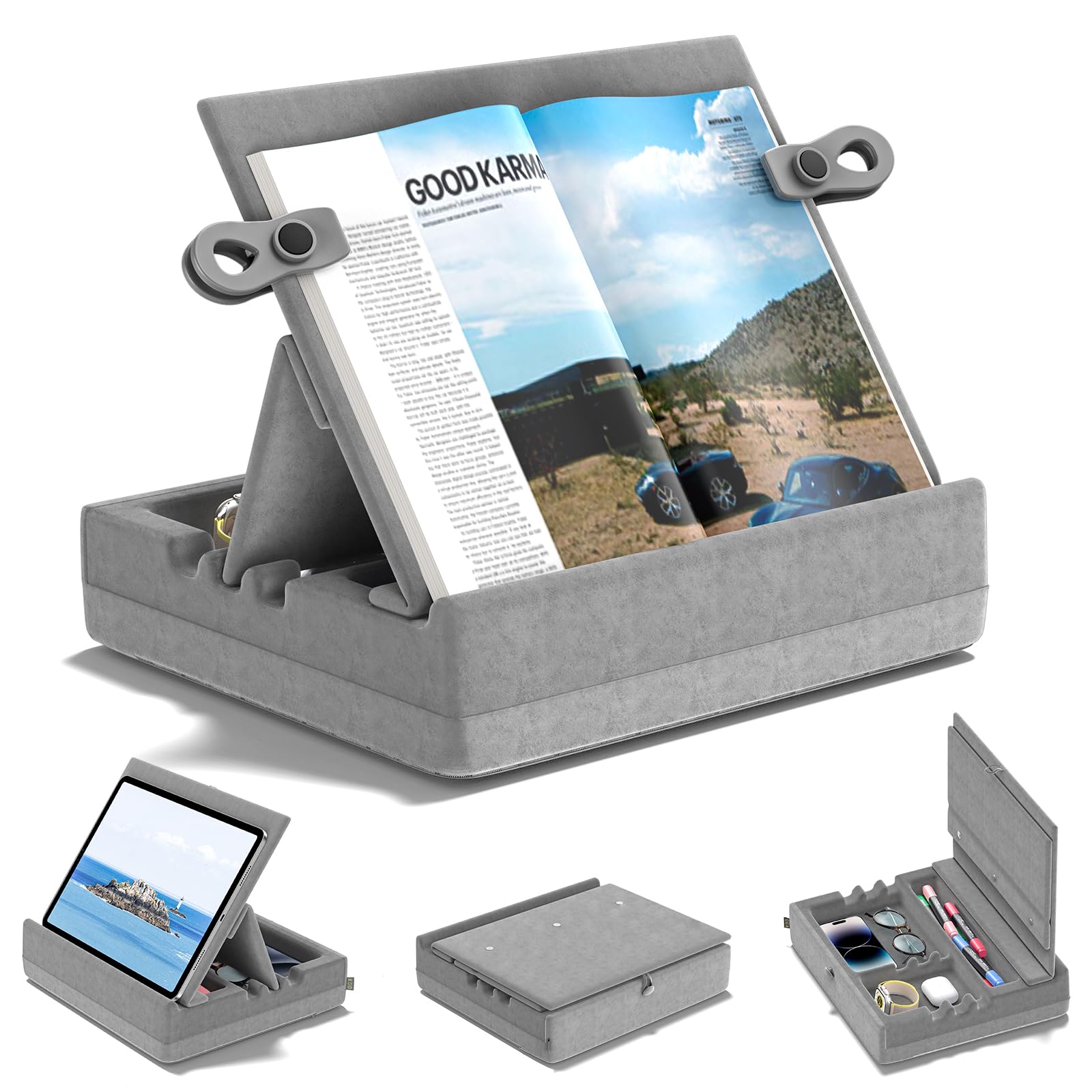 Kdd Book Stand With Storage, Multi-Angle Viewing Reading Tablet Holder For Lap, Bed, Desk And Couch, Foldable I-Pad Pillow Holde