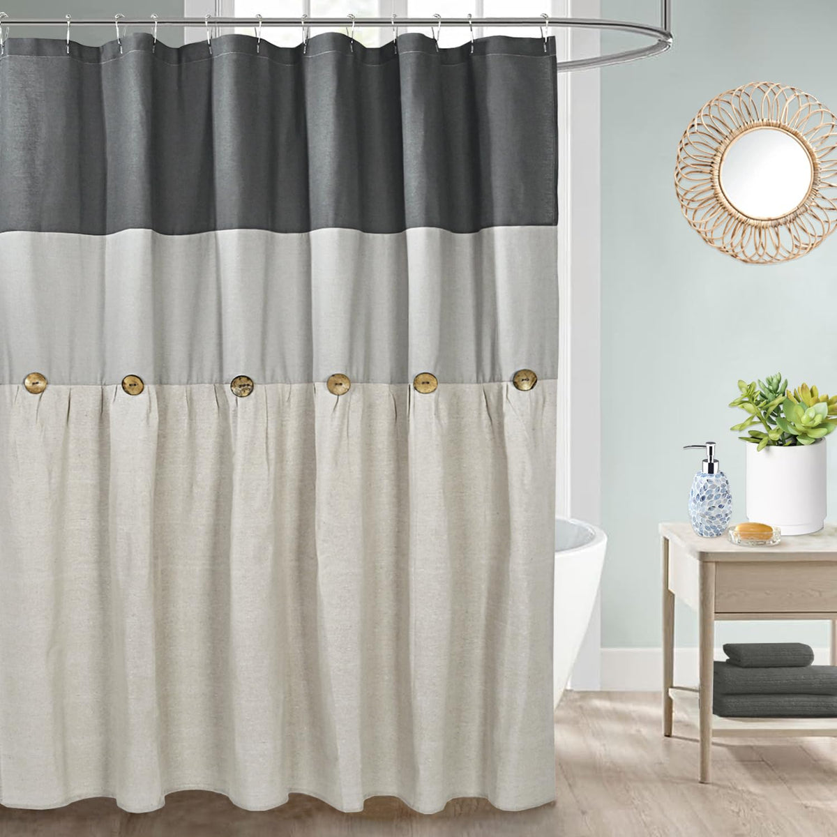 Dosly Id  Es Farmhouse Cotton Button Gray Shower Curtain,Pleated Beige Cotton Blend Woven Fabric,Country Style,72X72 In For Bath