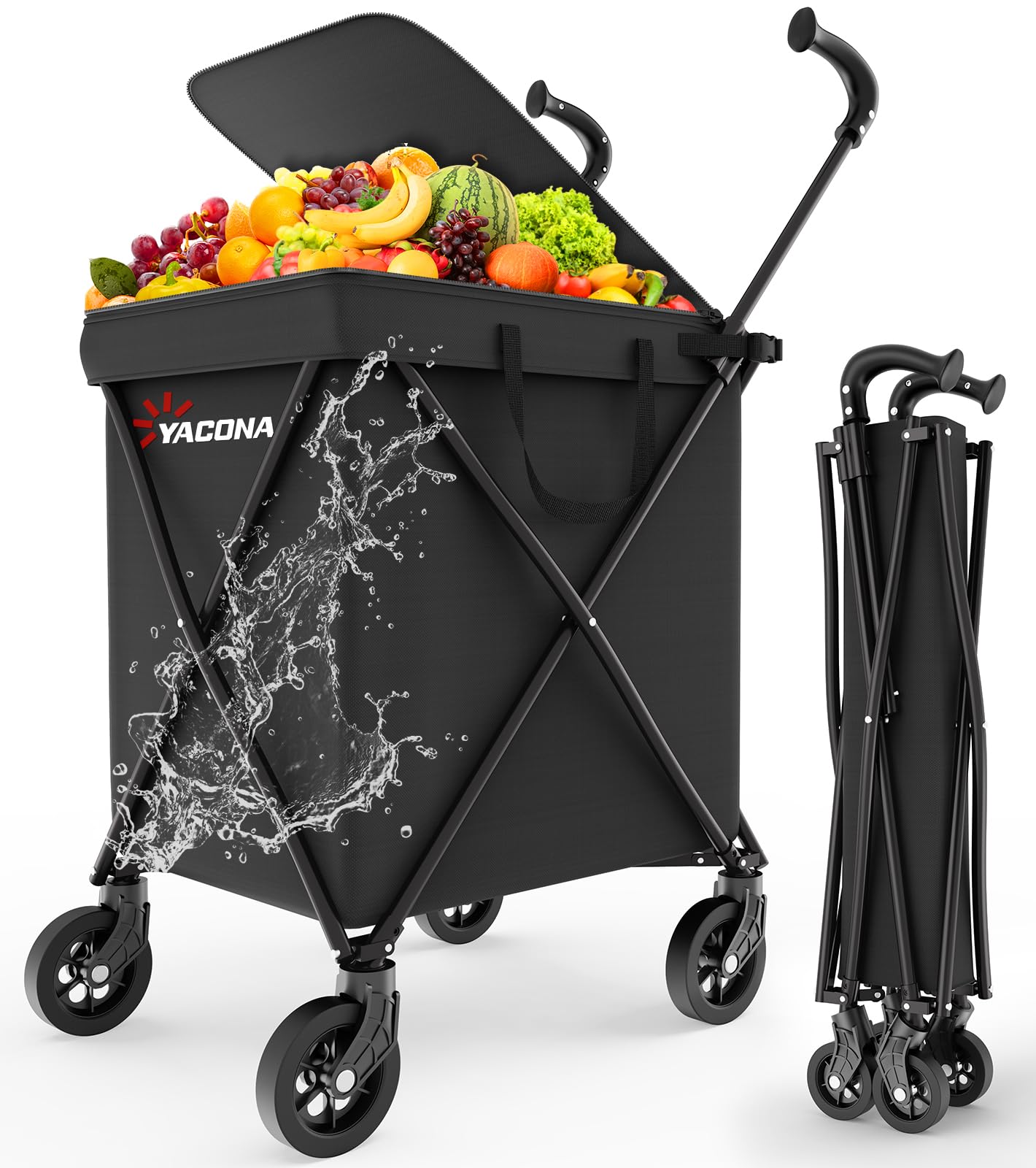 Heavy-Duty 2-Tier Folding Shopping Cart with Wheels - Double-Layer Waterproof Grocery & Utility Wagon, Portable Design for Laund