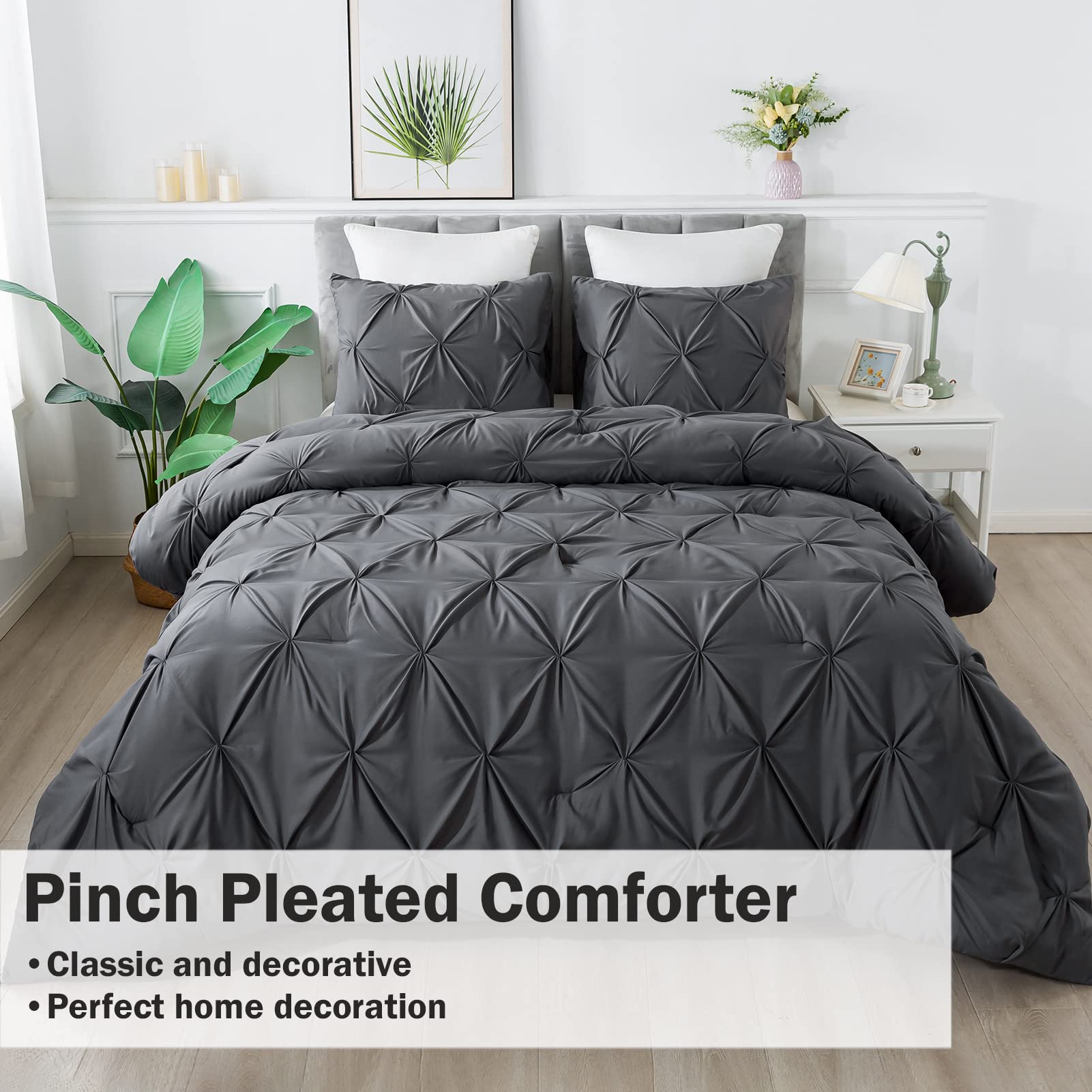 Andency Gray Pinch Pleat Comforter Twin(66X90Inch), 2 Pieces(1 Grey Pintuck Comforter And 1 Pillowcase) Microfiber Down Alternative Comforter Bedding Set