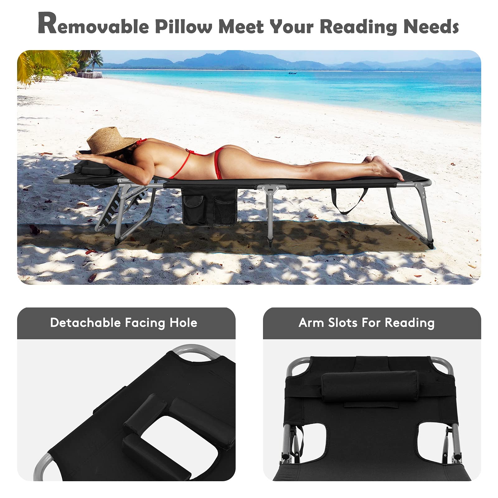 Goplus Tanning Chair, Folding Beach Lounge Chair With Face &Arm Hole, 5-Position Adjustable,Removable Pillow,Side Pocket, Sunbathing Chair, Portable Outdoor Lounge Chair For Patio Pool Lawn (1, Black)