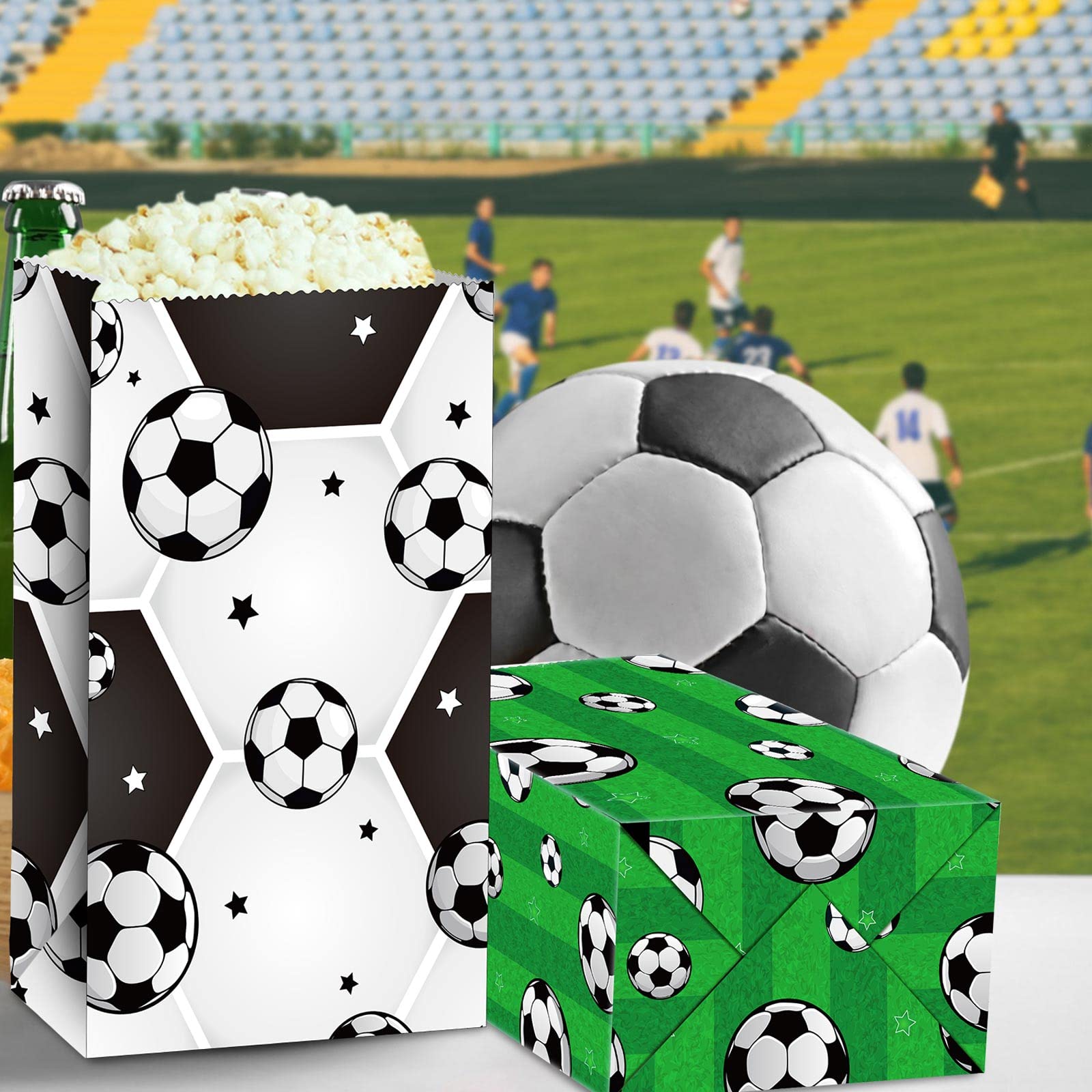 Chrisfall 24 Pcs Soccer Party Favor Bag Paper Soccer Goodie Bag Soccer Treat Candy Bag Football Snack Bag Soccer Paper Print Gif