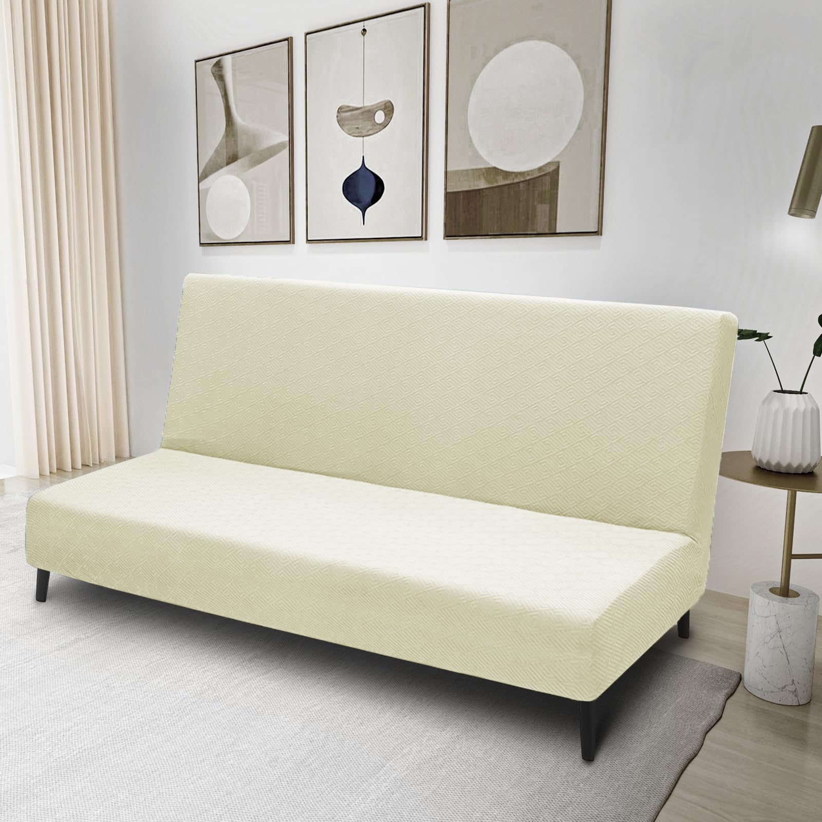 Znsayotx Armless Futon Covers Full Size (67'-82') Stretch Jacquard Sofa Bed Slipcovers, Striped Queen Futon Cover With Non-Slip Elastic Bottom, Soft Cozy Futon Mattress Cover Washable (Light Beige)