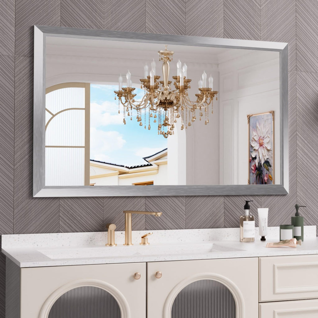 Amorho 60x36 Inch Bathroom Mirror Silver, Thick Metal Framed Wall Mirrors for Over Sink, Brushed Nickel Mirror Perfect for Bedro