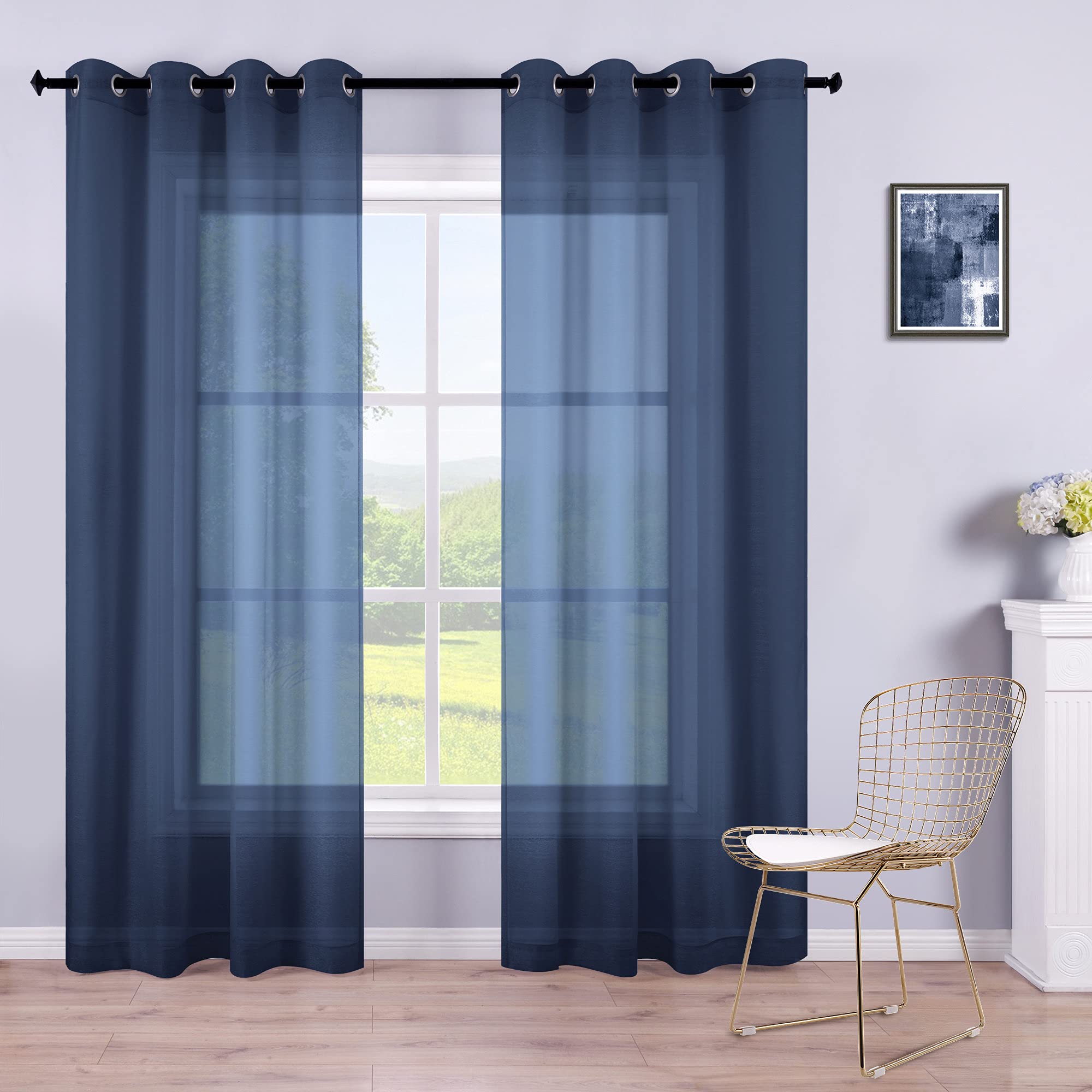KOUFALL Navy Blue Curtains 96 Inches Long for Living Room 2 Panels Set Window Drapes Dark Navy Grommet Curtains Sheer for Bedroo