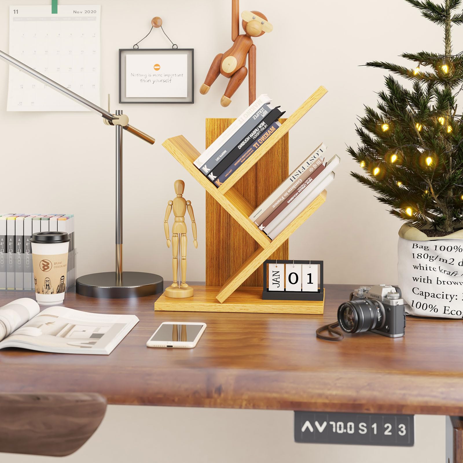 Ymyny 2 Tier Tree Bookshelf, Small Bookcase, Modern Wood Book Storage Rack Organizer, Freestanding Book Shelf For Books/Movies/Cds, Display Rack For Bedroom, Home Office, Natural Uhbc012N