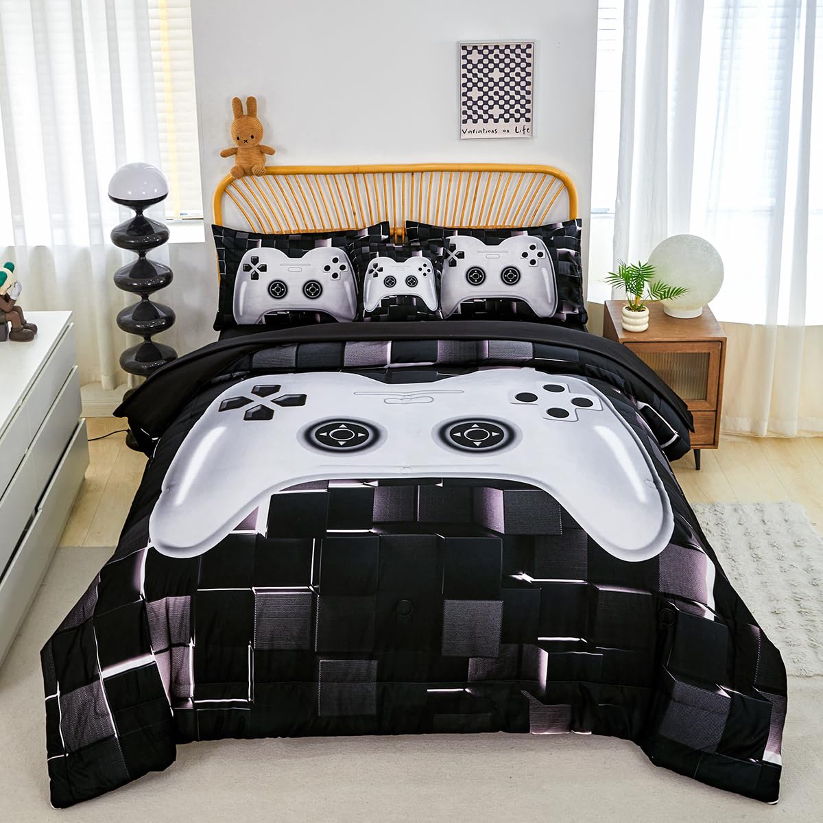 Perfemet 6 Pieces Bed In A Bag Gamer Comforter Set Queen Size-Black White Game Console Bedding Set For Boys Girls-Soft Comfy 3D