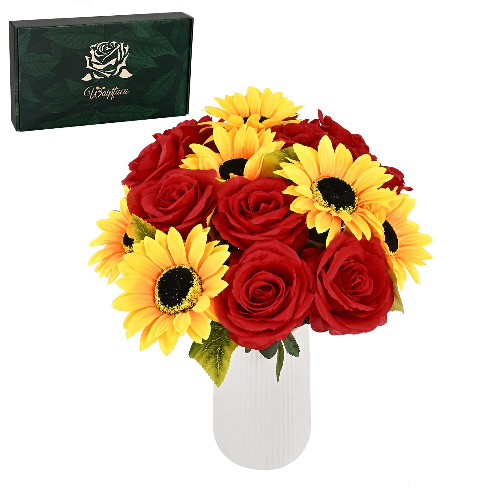 Waipfaru 16 Pcs Fake Roses Sunflowers Artificial Flowers Bulk, Silk Red Roses Yellow Flowers Artificial with Long Stems for Outd