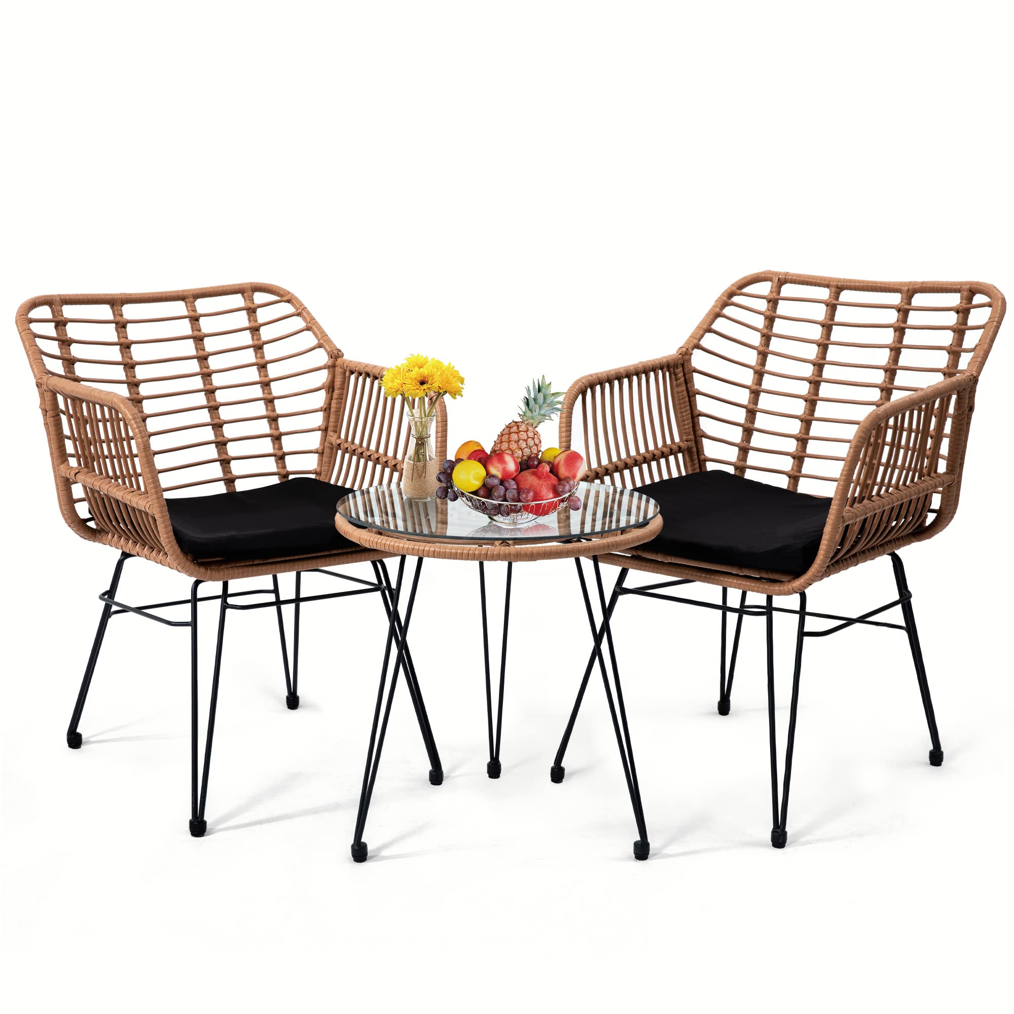 Krofem 3 Piece Wicker Patio Bistro Furniture Set, Includes 2 Rattan Chairs And Glass Top Table, Ideal For Porch, Outdoor, Backyard, Apartment, Balcony, Natural