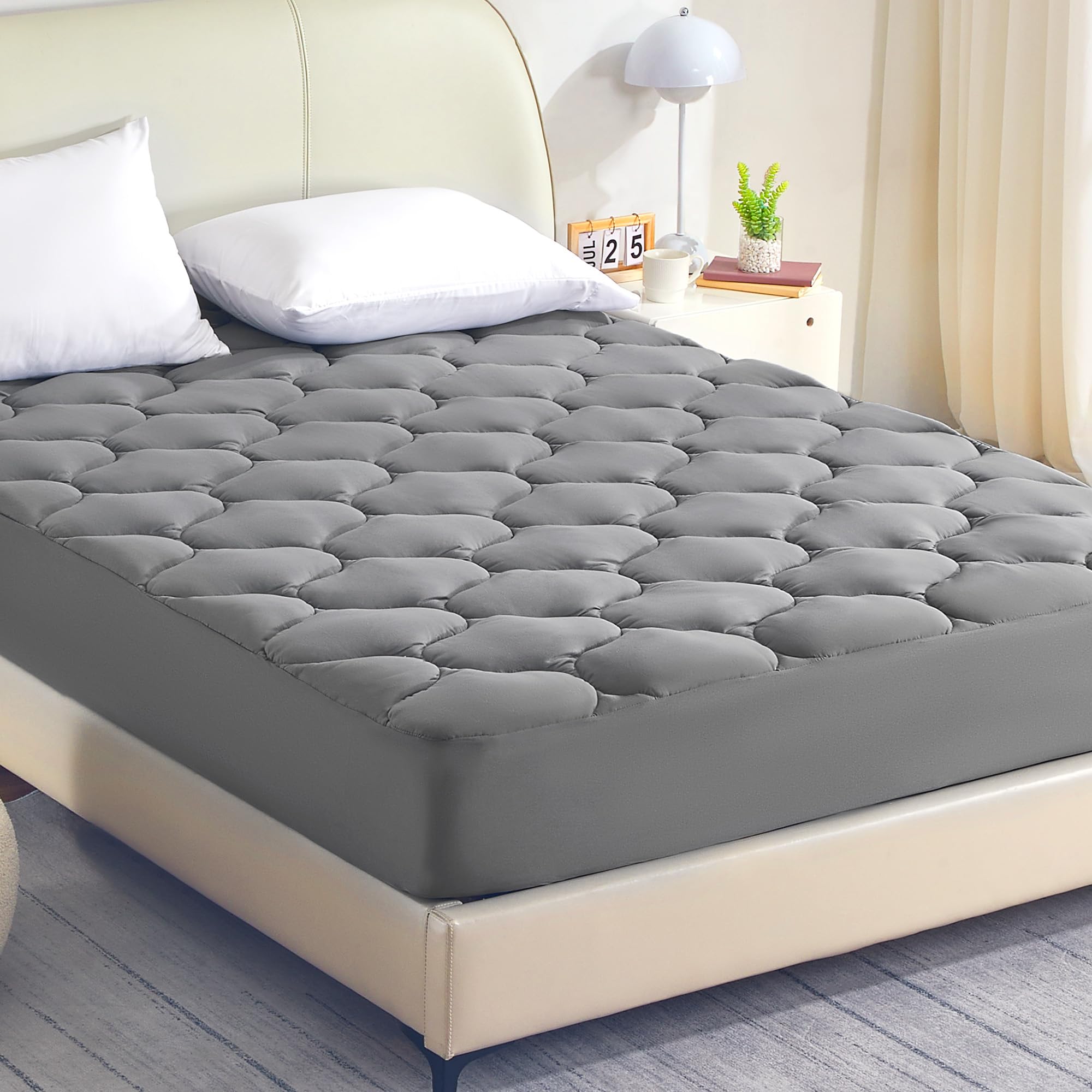 Sleep Zone Cooling Mattress Topper California King, Fit Up To 21 Inch, Soft Breathable Mattress Pad Cover, Luxury Quilted (Grey, California King)