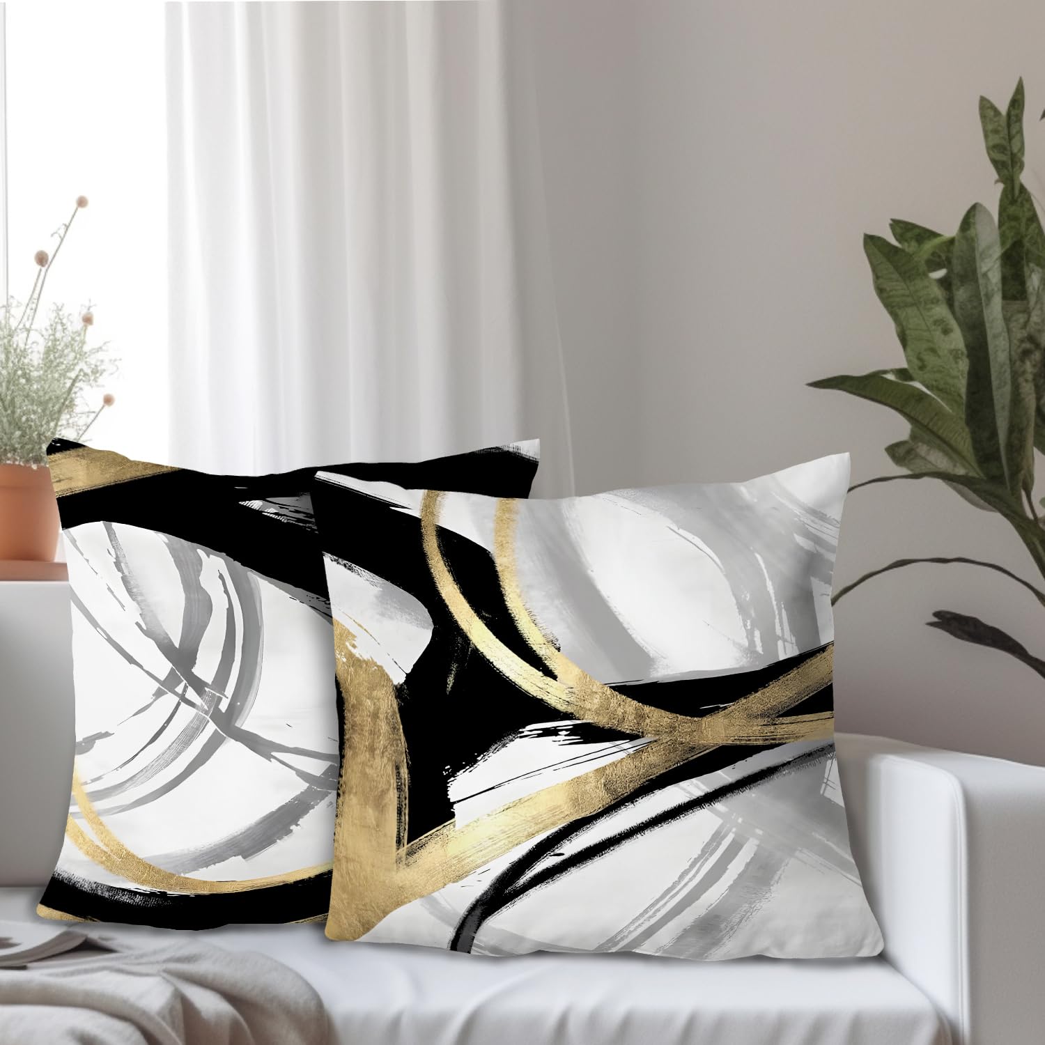 Supwhd Black White And Gold Pillow Covers, Abstract Black And Gold Pillow Covers 24X24 Set Of 2, Modern Boho Home Decor, Black A