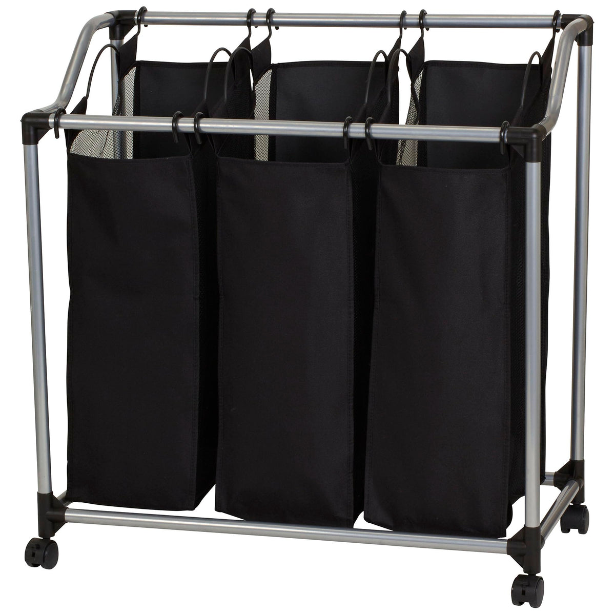 Household Essentials Triple Laundry Sorter with Wheels, Tapered Metal Frame, Removable Polyester Bags, Ventilated, Smooth Rollin