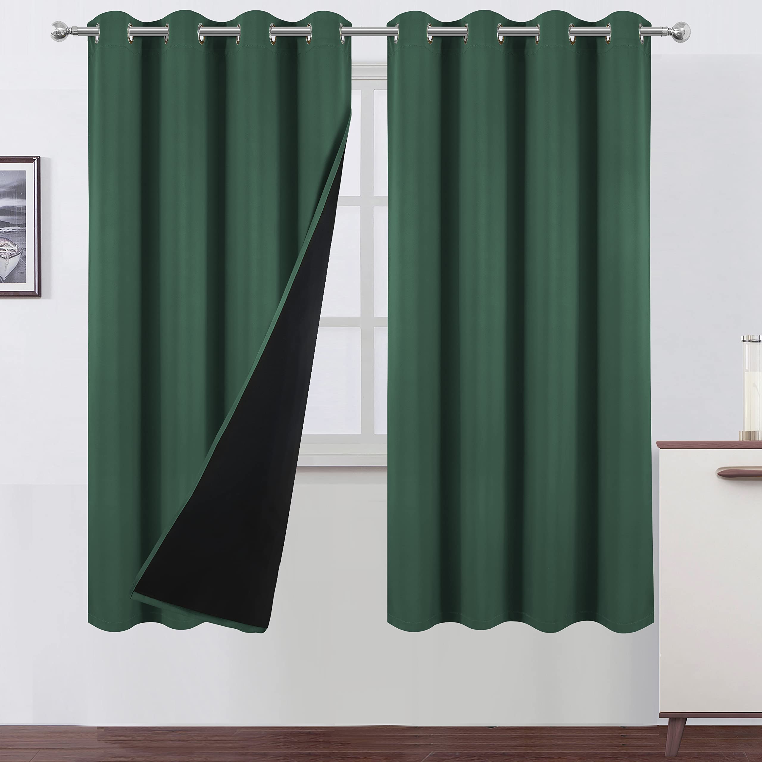 Lemomo 100% Blackout Curtains 52 X 72 Inch/Green Curtains 2 Panels With Black Lining Room Darkening Thermal Insulated Bedroom Cu